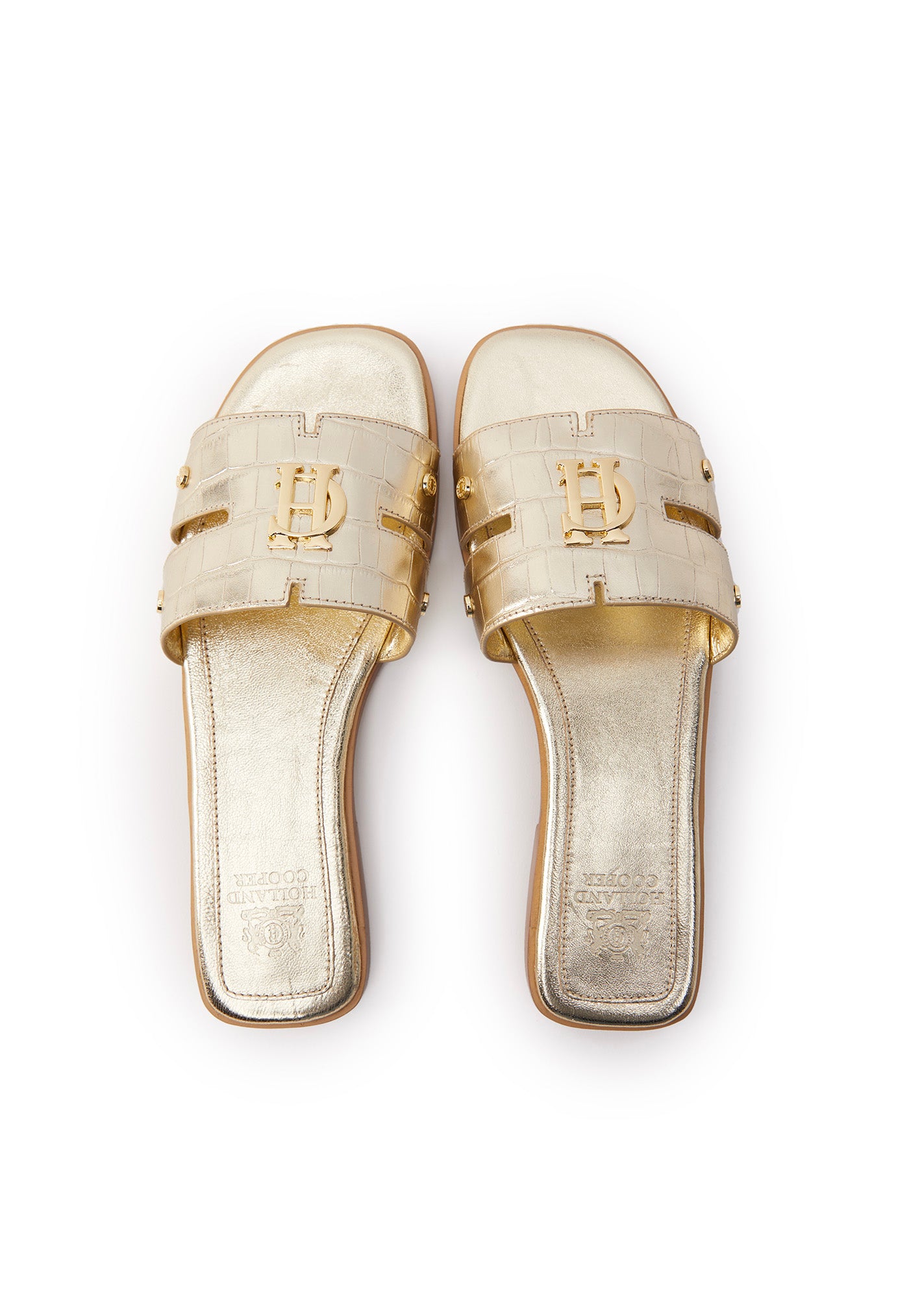 Monogram Slides - Gold Croc sold by Angel Divine