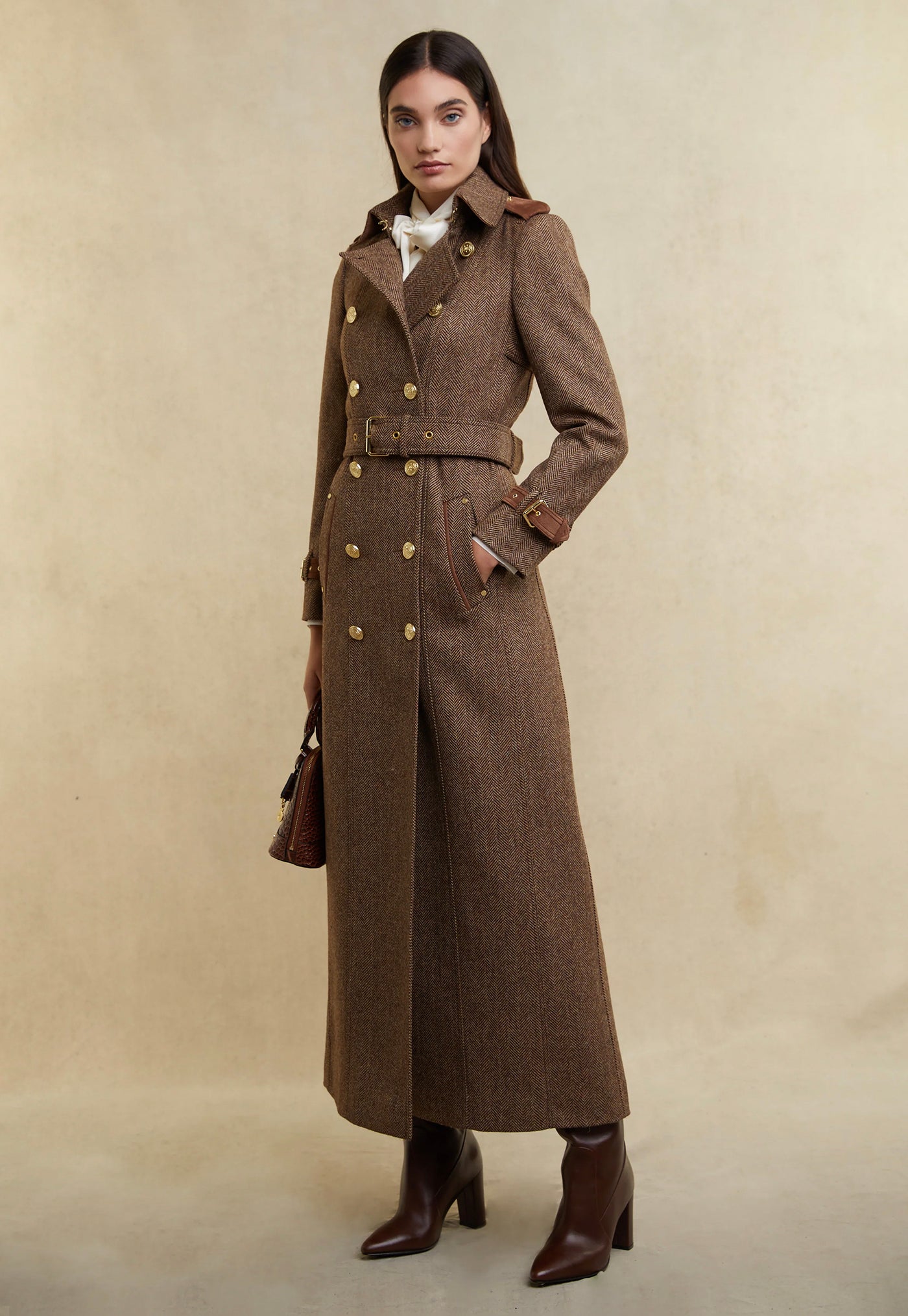Marlborough Trench Coat Full Length - Large Scale Brown Herringbone