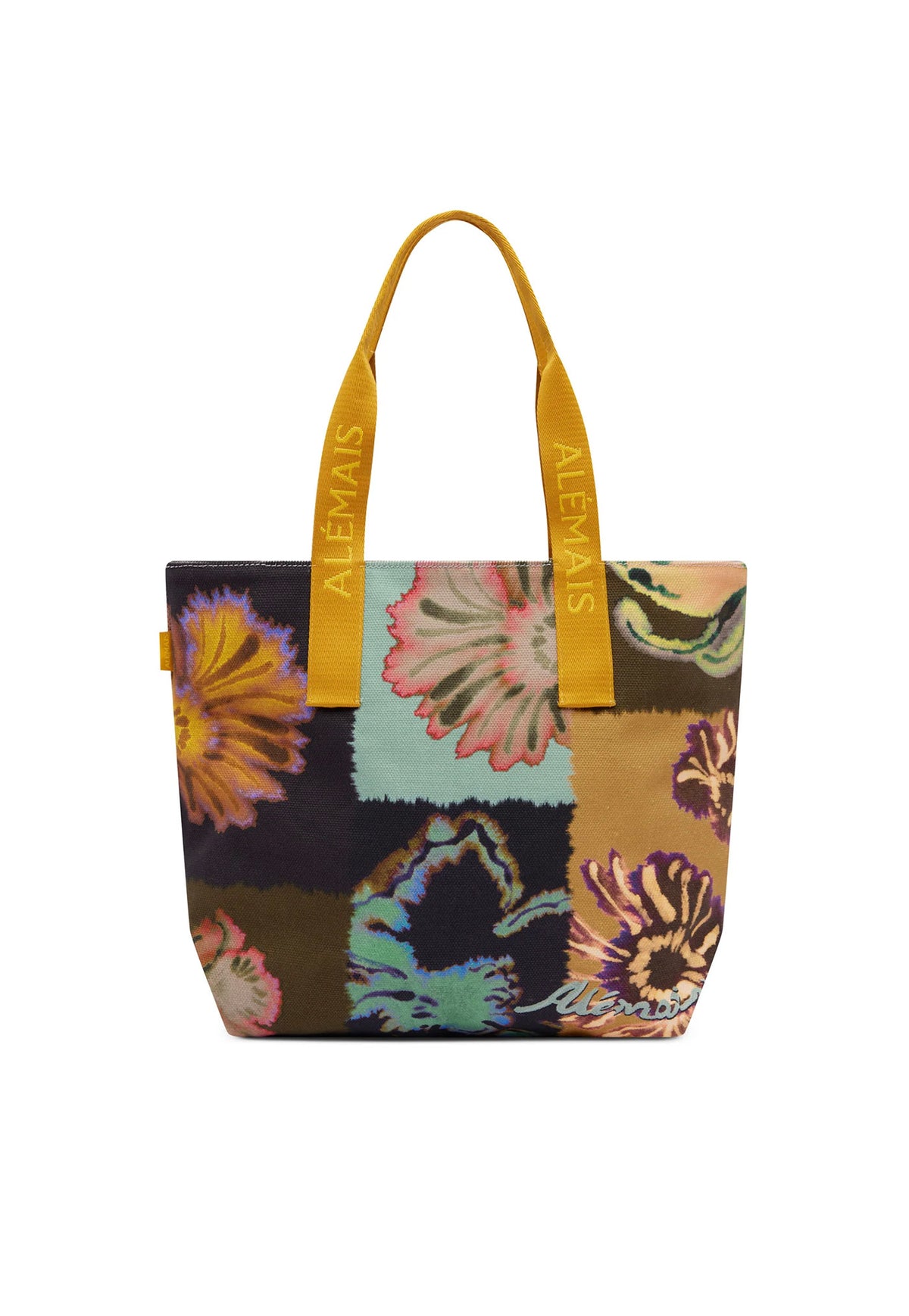 ALÉMAIS Martina Shopper Tote crafted from printed recycled cotton canvas with yellow jacquard straps.