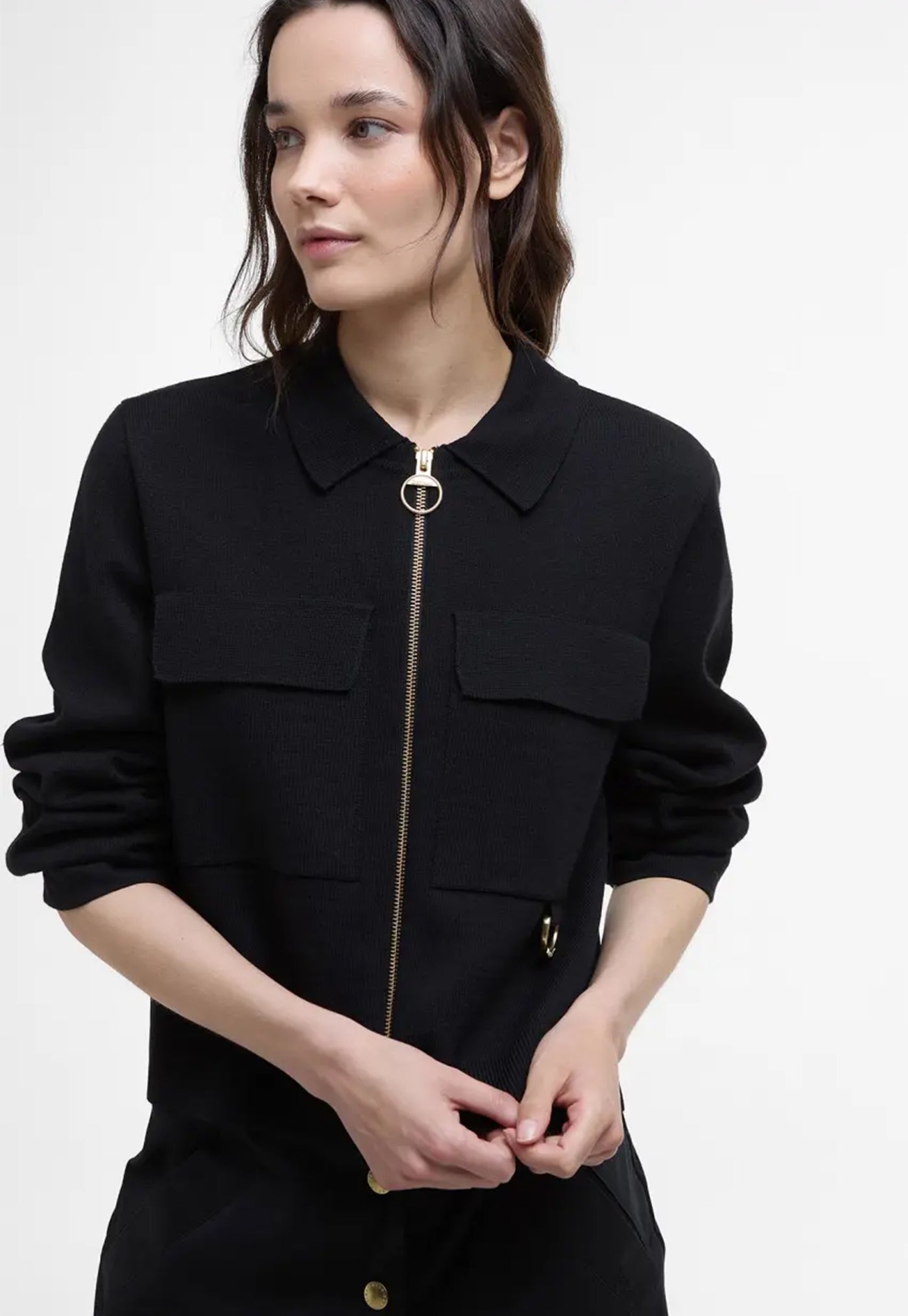Alma Knitted Zip Through Cardigan - Black/Sand