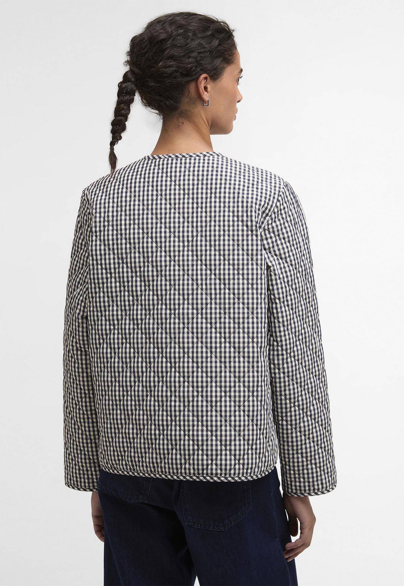 Cashel Check Collarless Quilted Jacket - Navy Gingham/Dark Navy