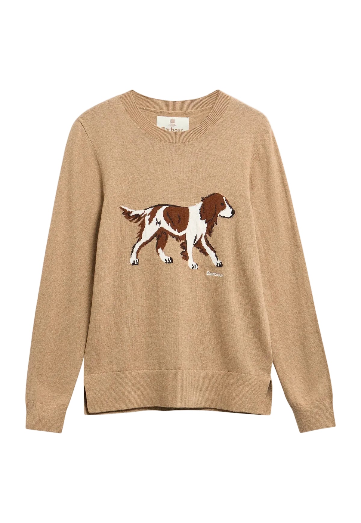 A beige crewneck sweater featuring an embroidered brown and white Springer Spaniel dog on the front, displayed against a clean white background.