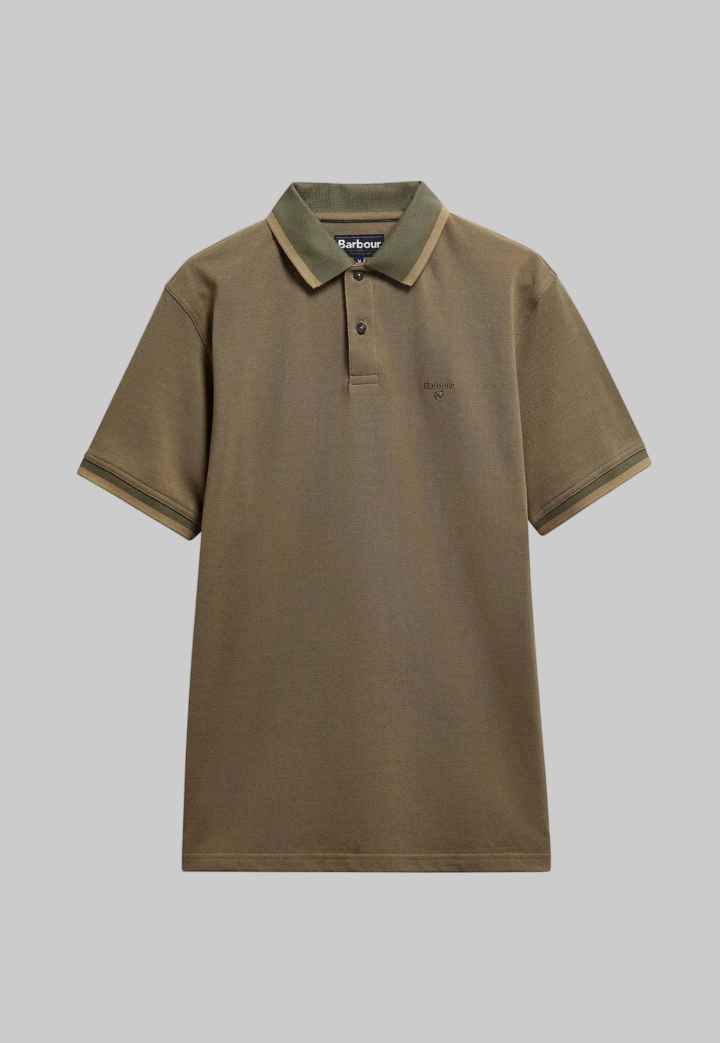 An olive brown short-sleeve polo shirt with a two-tone collar and sleeve trim, featuring a two-button placket and a small chest pocket, shown on a light gray background.