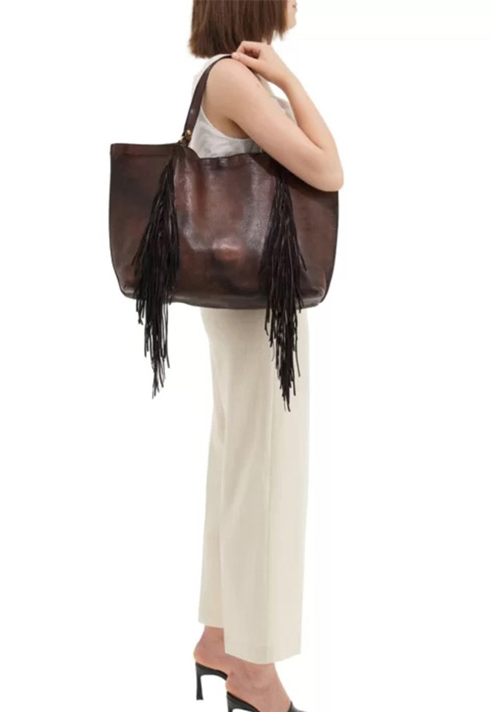 Leather Shopping Bag w Fringes - Brown sold by Angel Divine