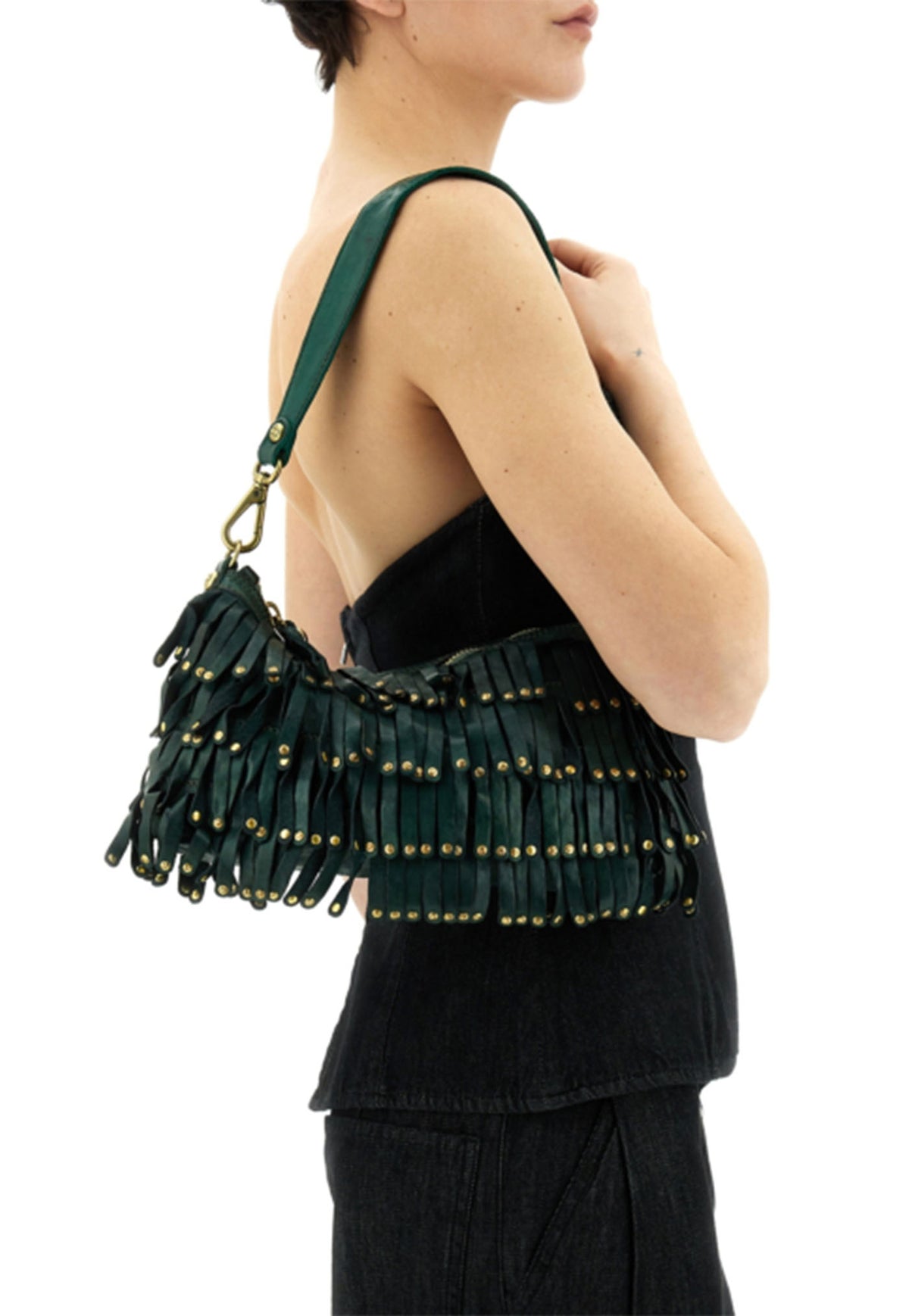Natalia Fringe Shoulder Bag - Green Bottle