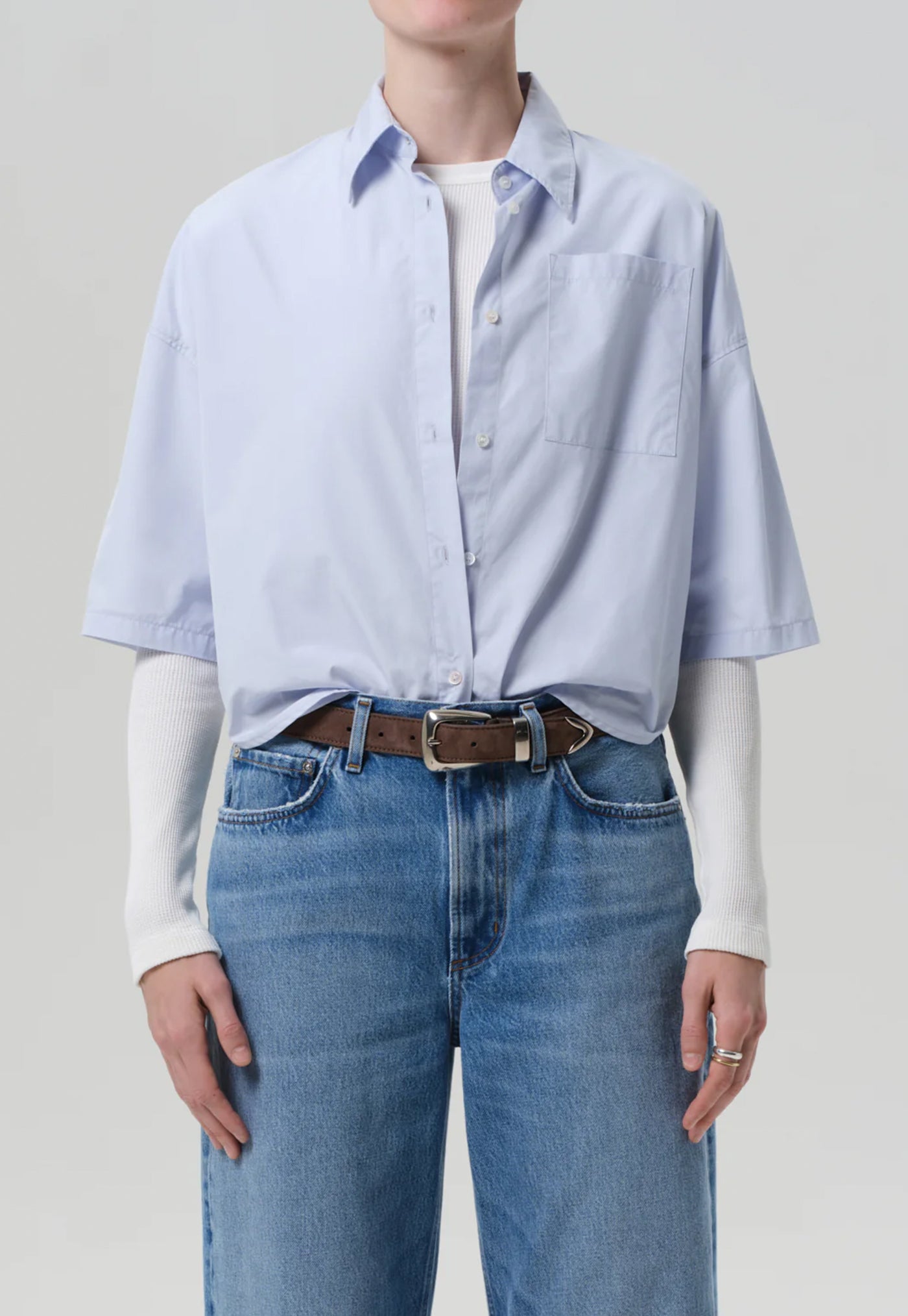 Frances Cropped Cape Button Up - Baby Blue