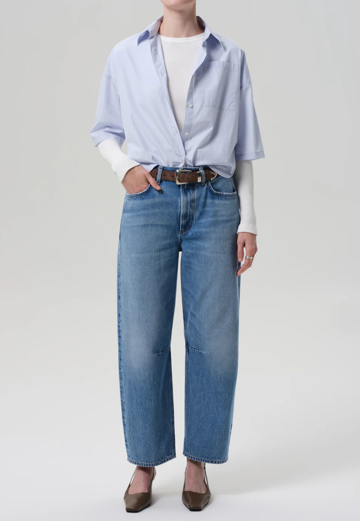 Frances Cropped Cape Button Up - Baby Blue