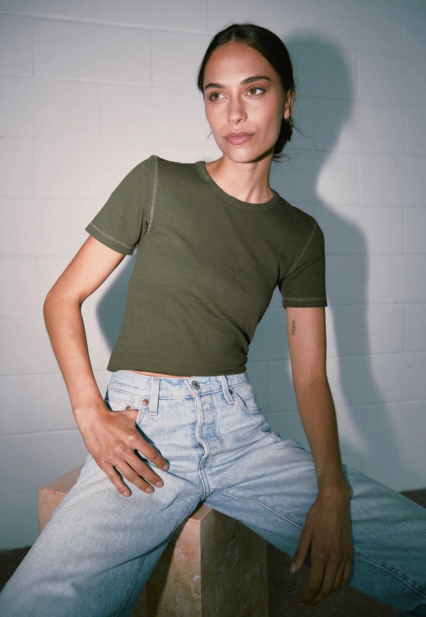 Base Ribbed SS Tee - Khaki sold by Angel Divine