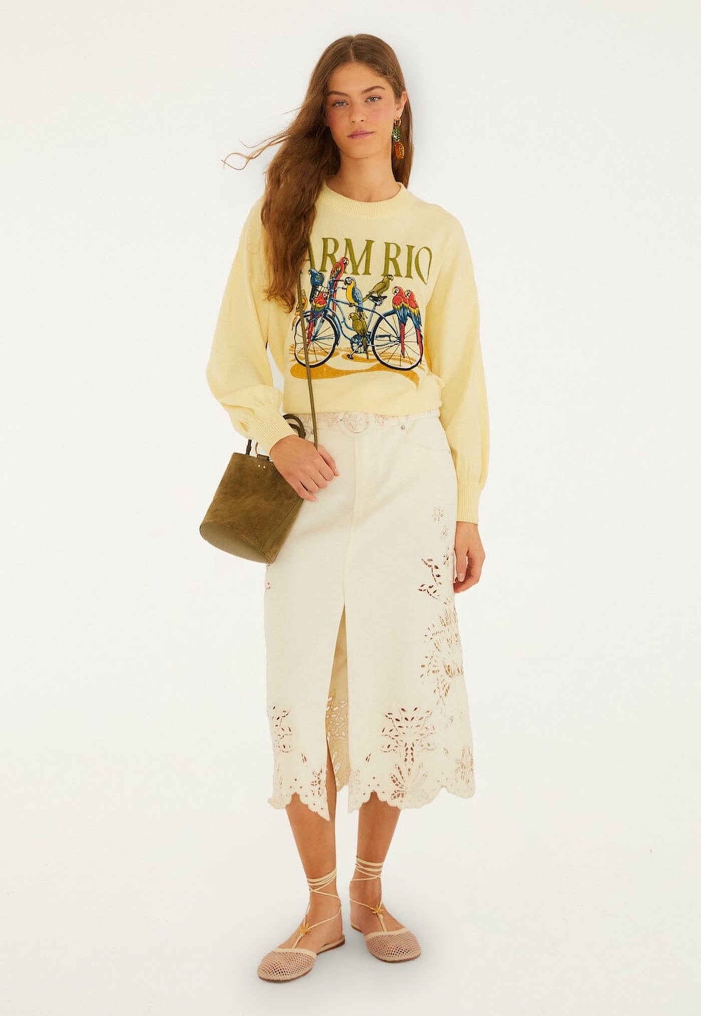 Birds Bicycle Embroidery Sweater - Yellow