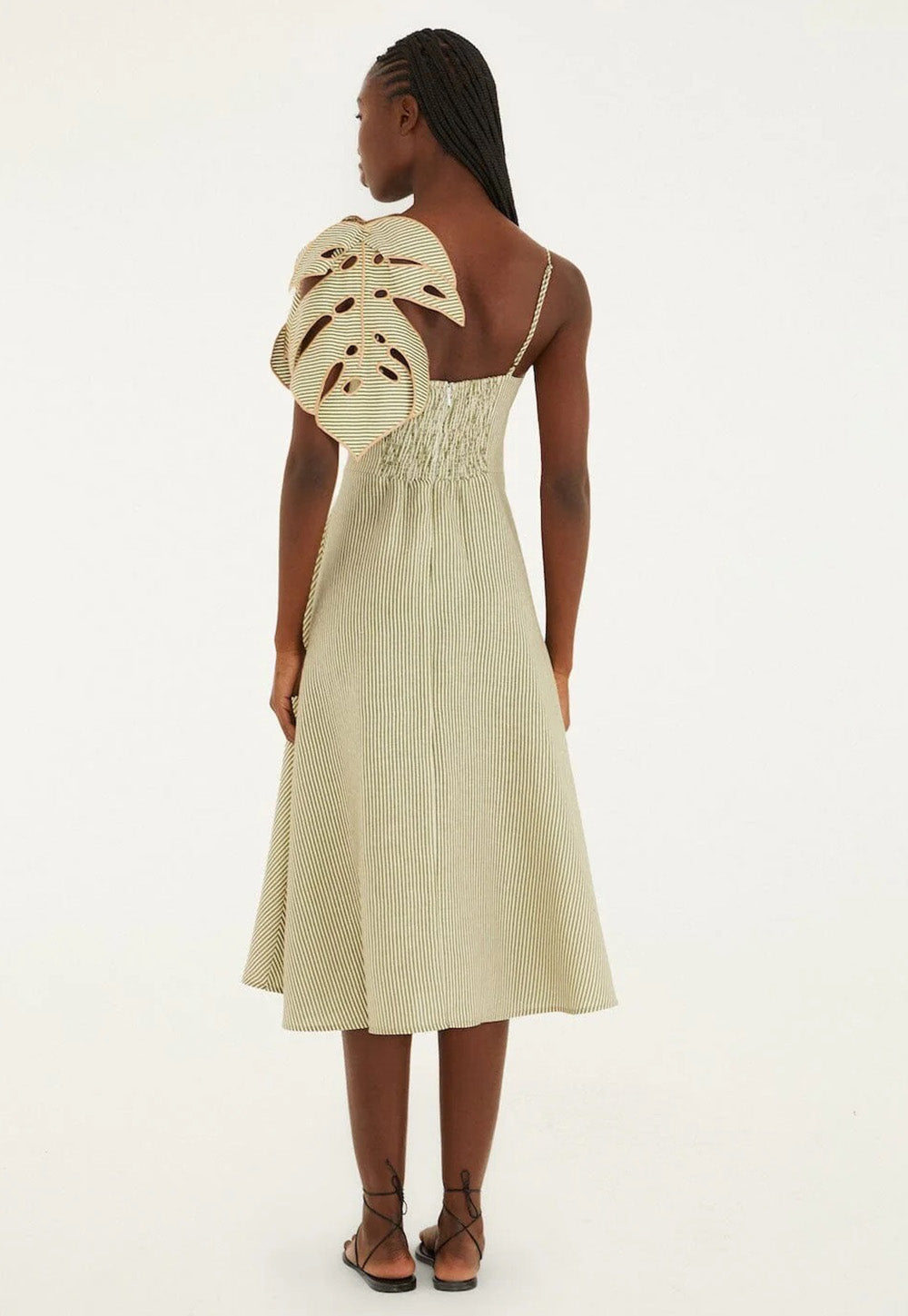 Striped Monstera Leaf Sleeveless Midi Dress - Green