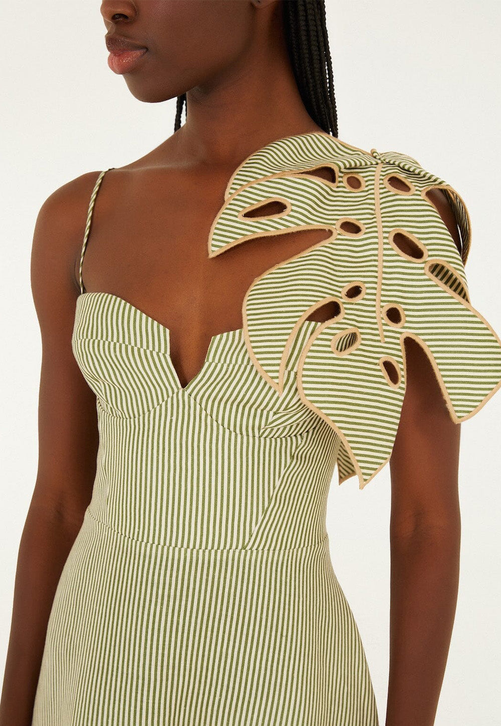 Striped Monstera Leaf Sleeveless Midi Dress - Green