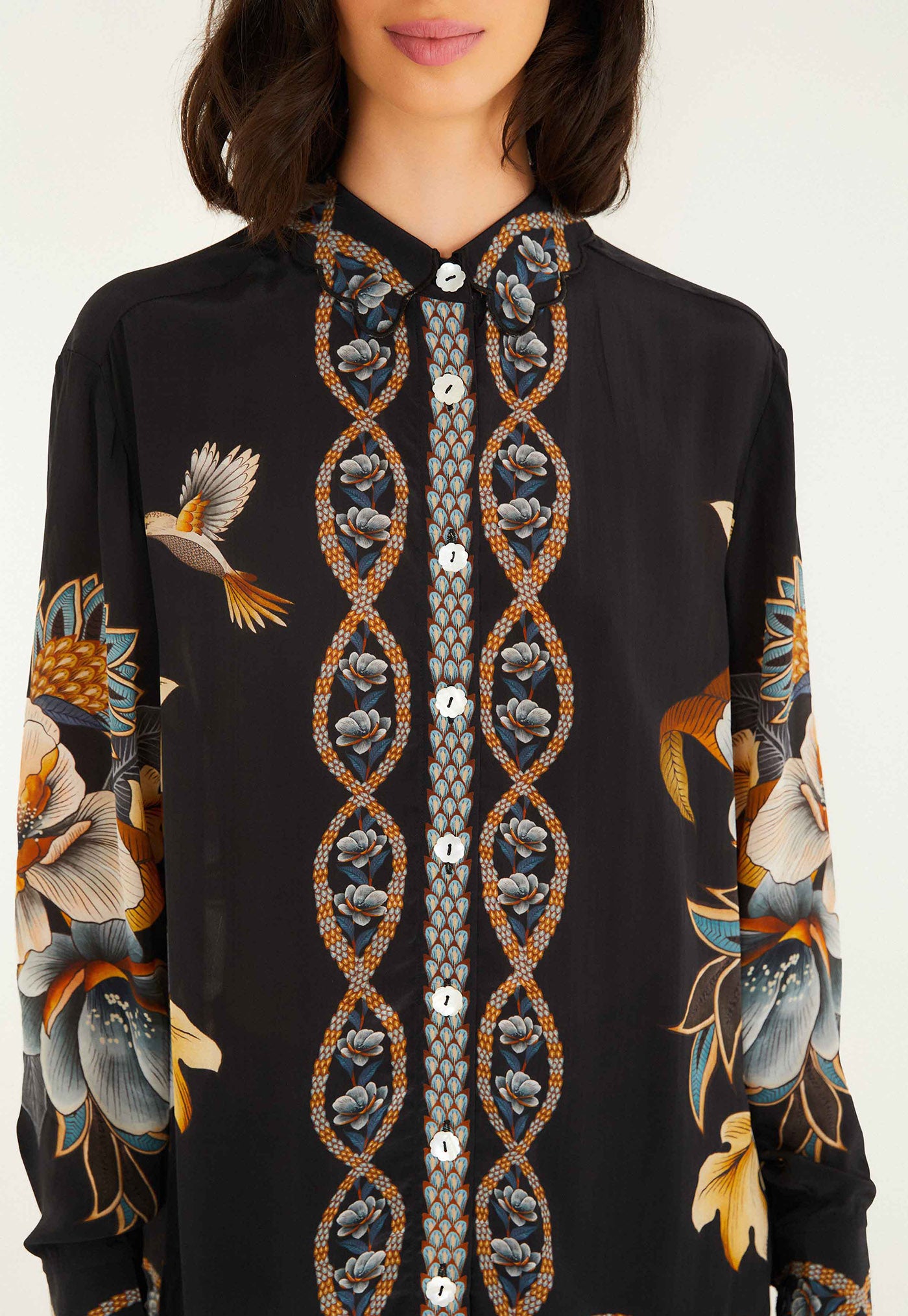Snake Floral Pajama Shirt - Black