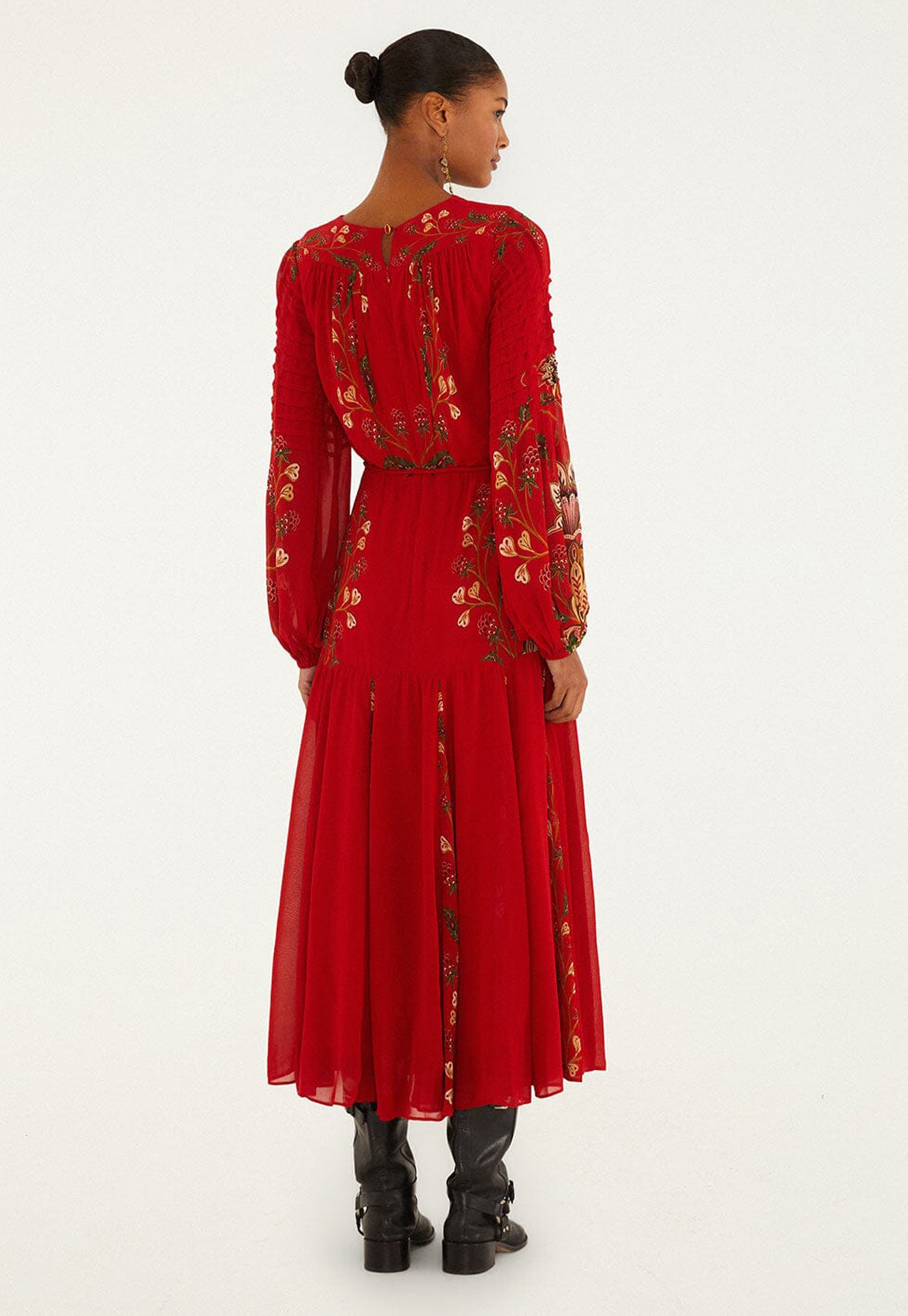 Berry Garden Long Sleeve Pleated Maxi Dress - Red
