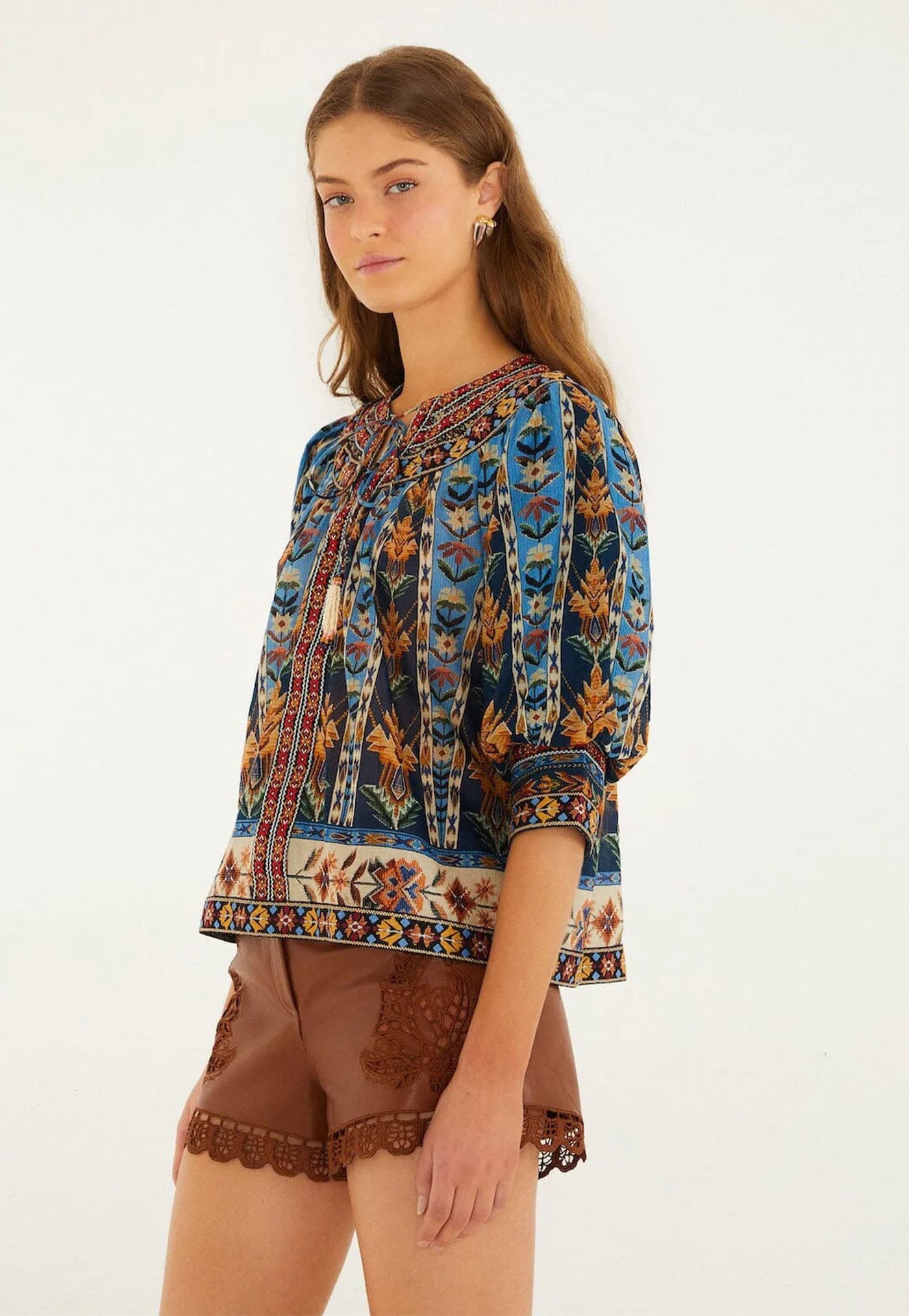 Short Sleeve Blouse - Embroidered Tapestry Blue