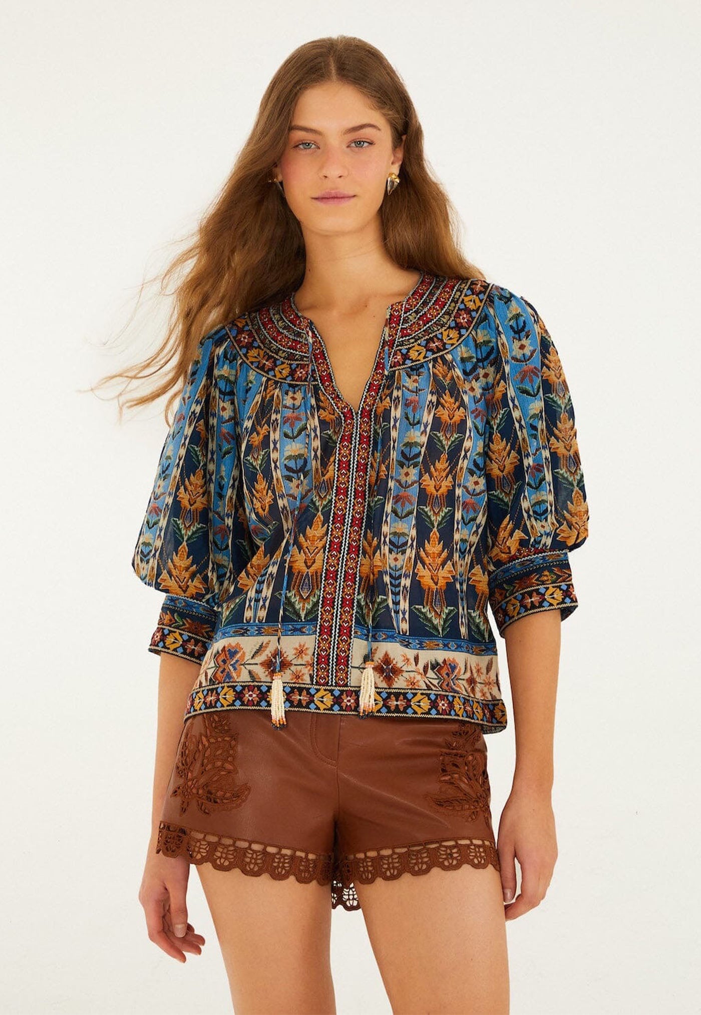 Short Sleeve Blouse - Embroidered Tapestry Blue