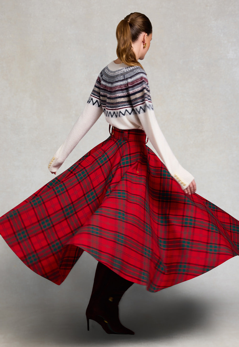 360 Maxi Tweed Circle Skirt - Red Tartan