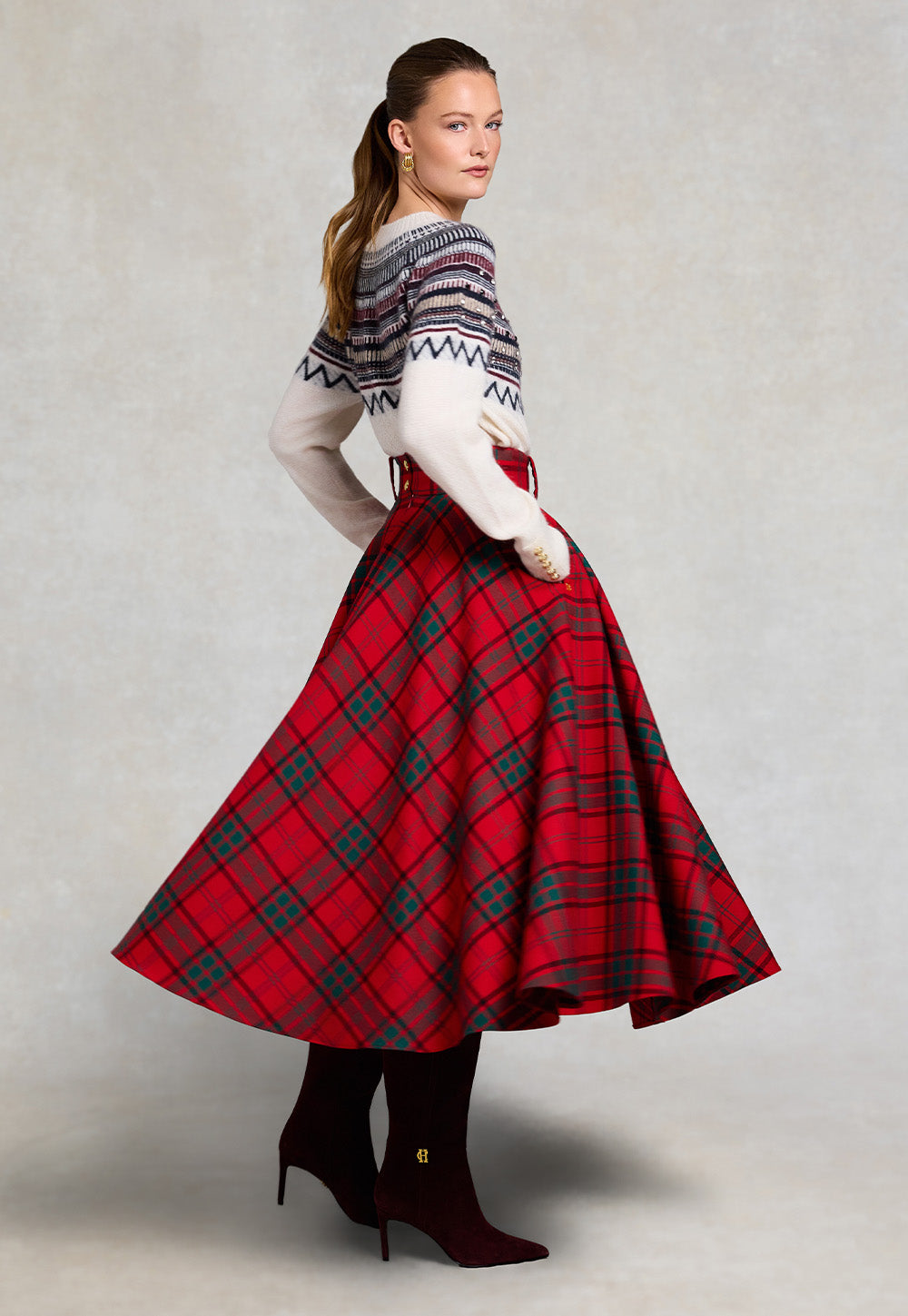 360 Maxi Tweed Circle Skirt - Red Tartan