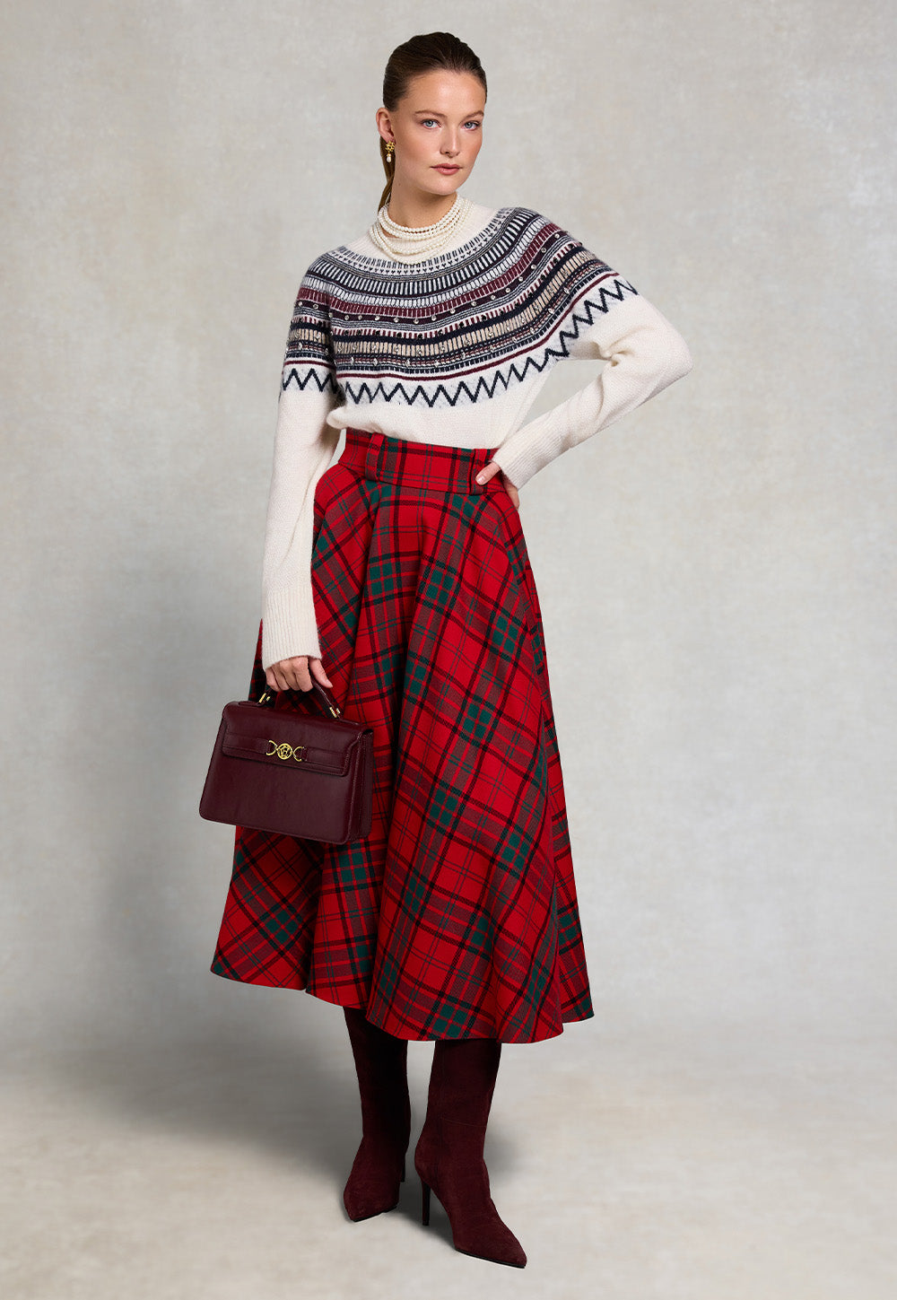360 Maxi Tweed Circle Skirt - Red Tartan