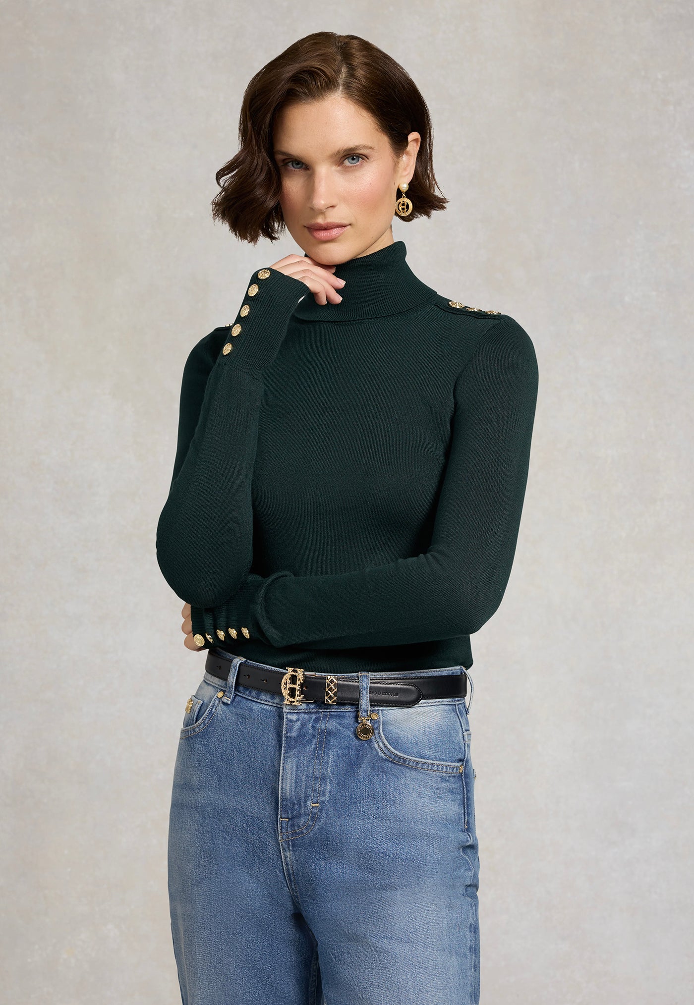 Buttoned Knit Roll Neck - Deep Emerald