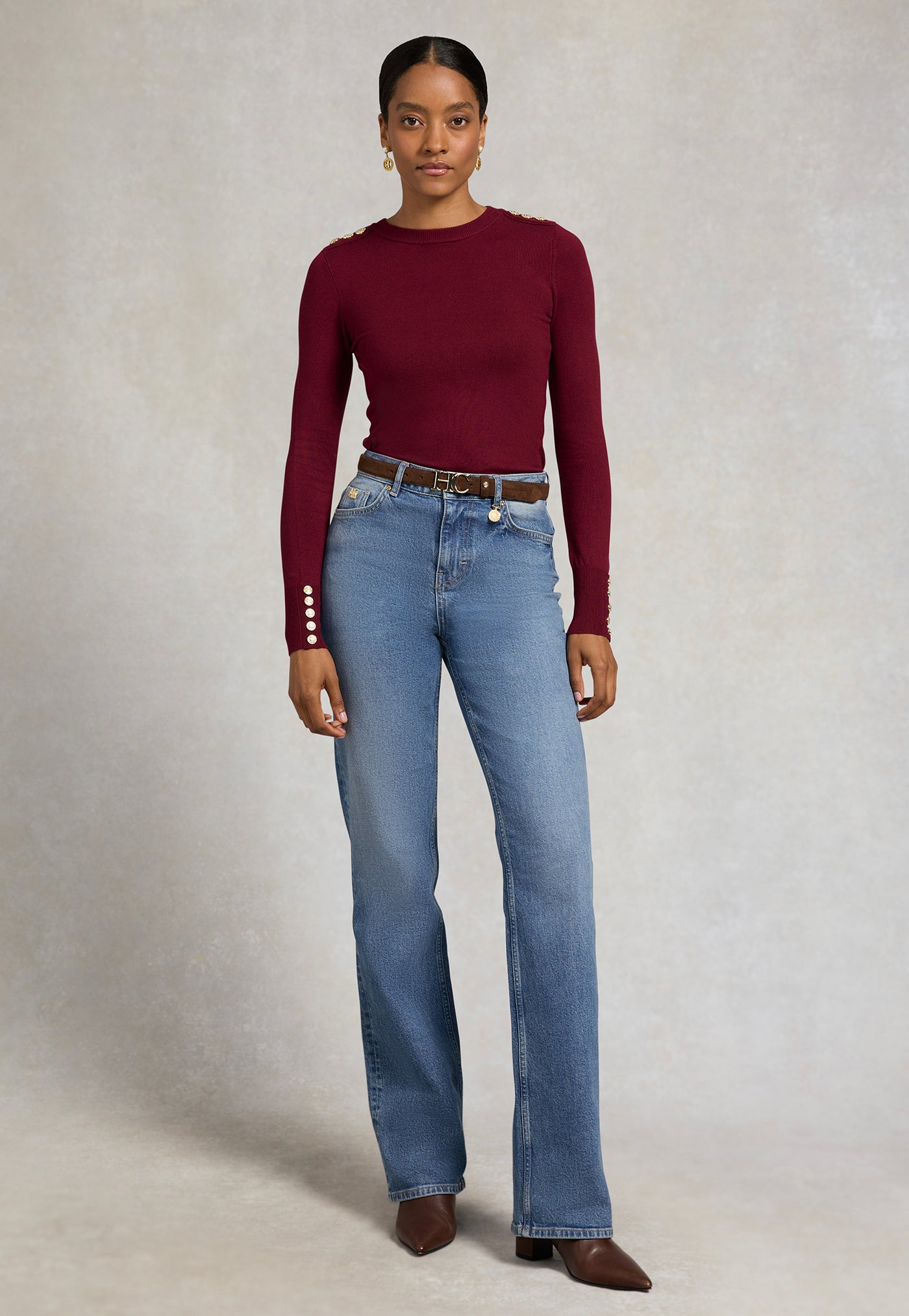 Buttoned Knit Crew Neck - Wine