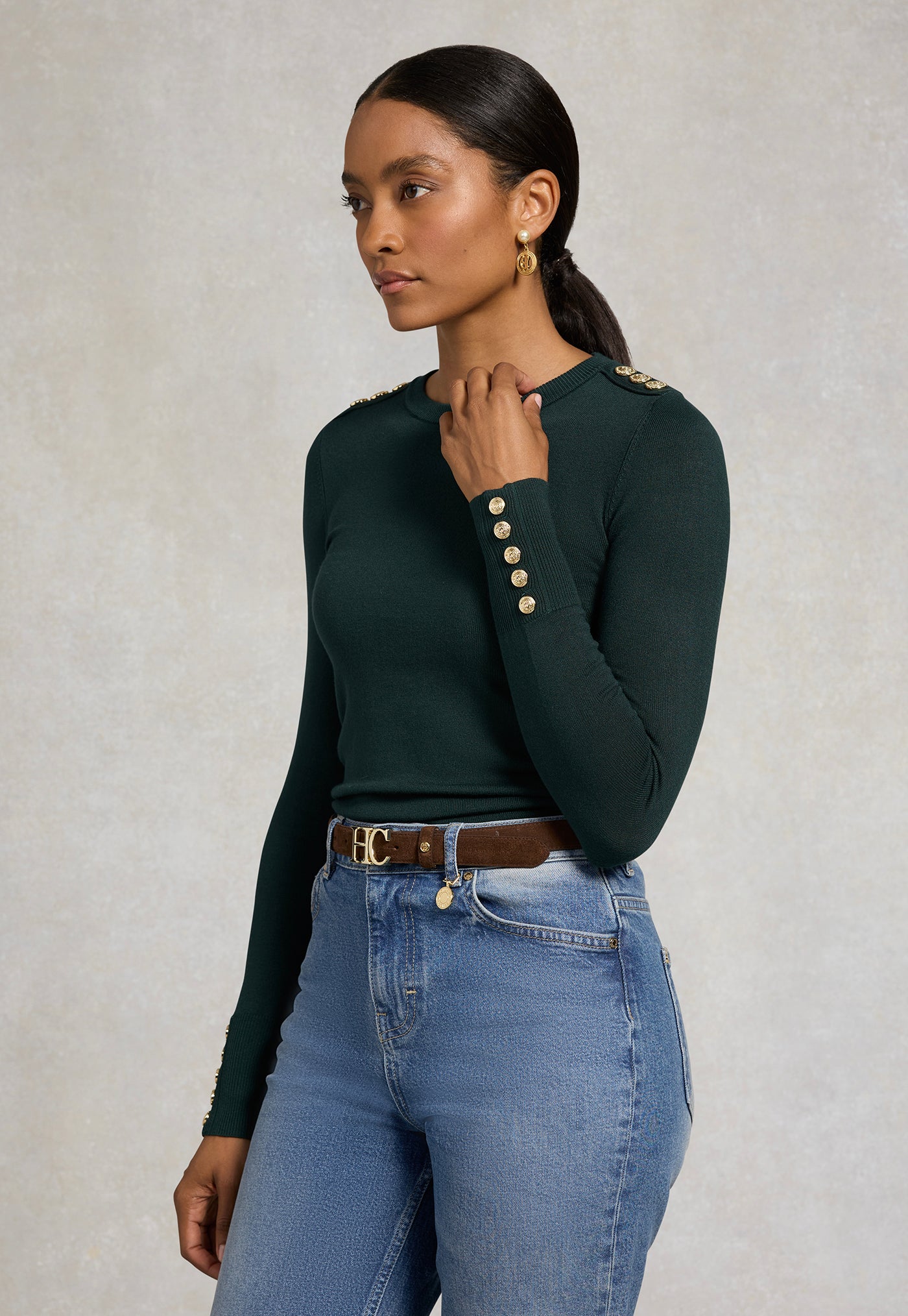 Buttoned Knit Crew Neck - Emerald