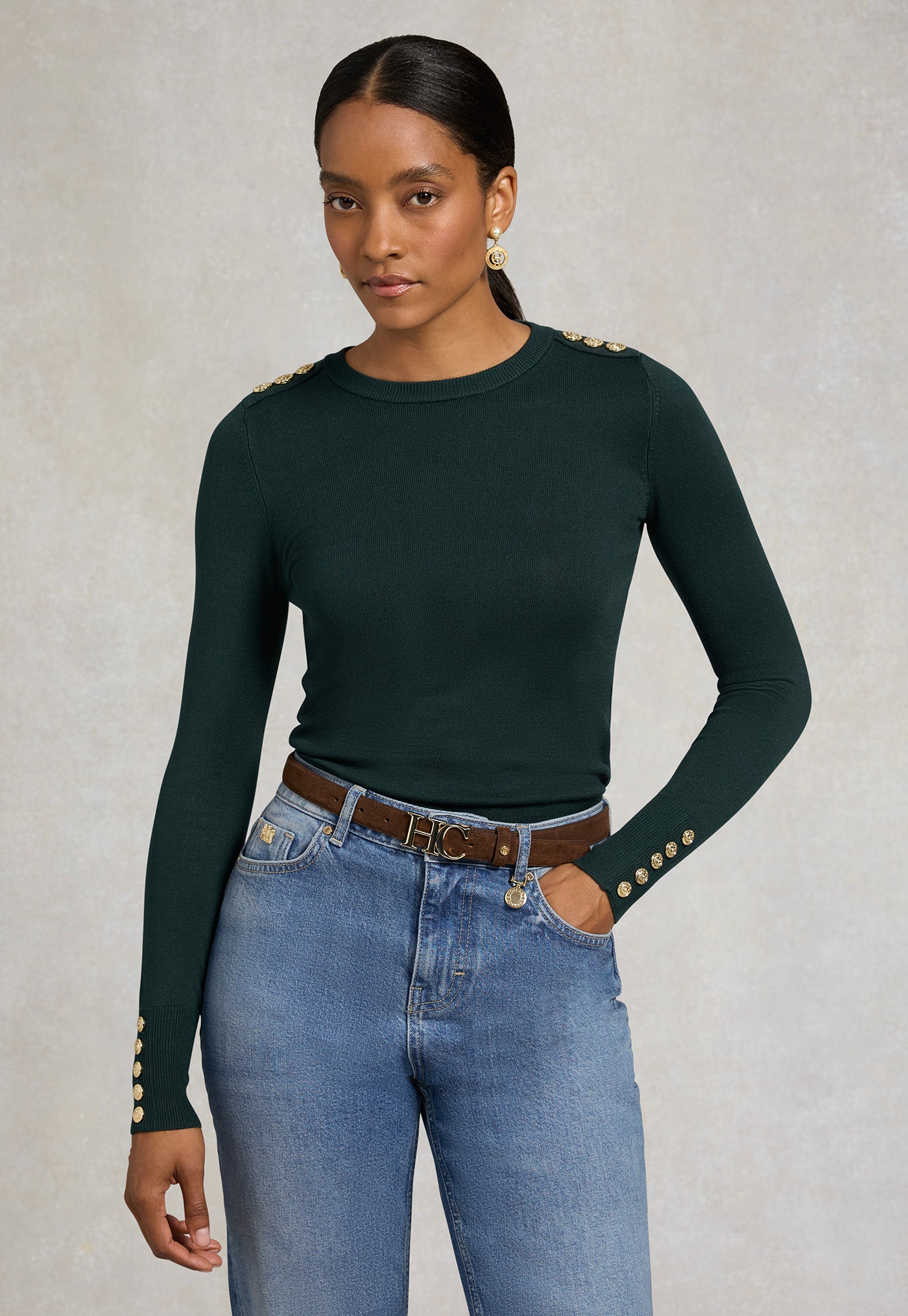 Buttoned Knit Crew Neck - Emerald