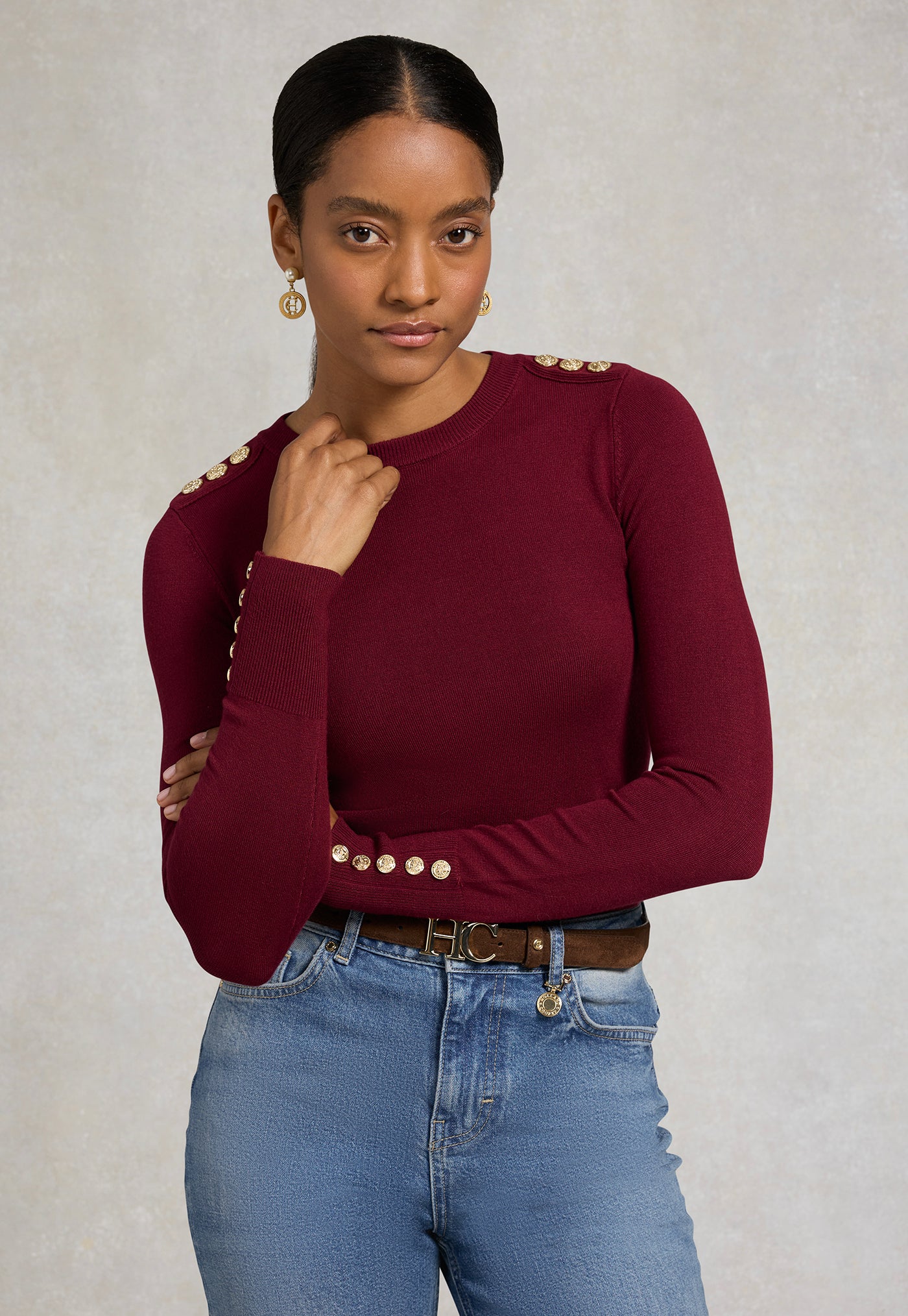 Buttoned Knit Crew Neck - Wine