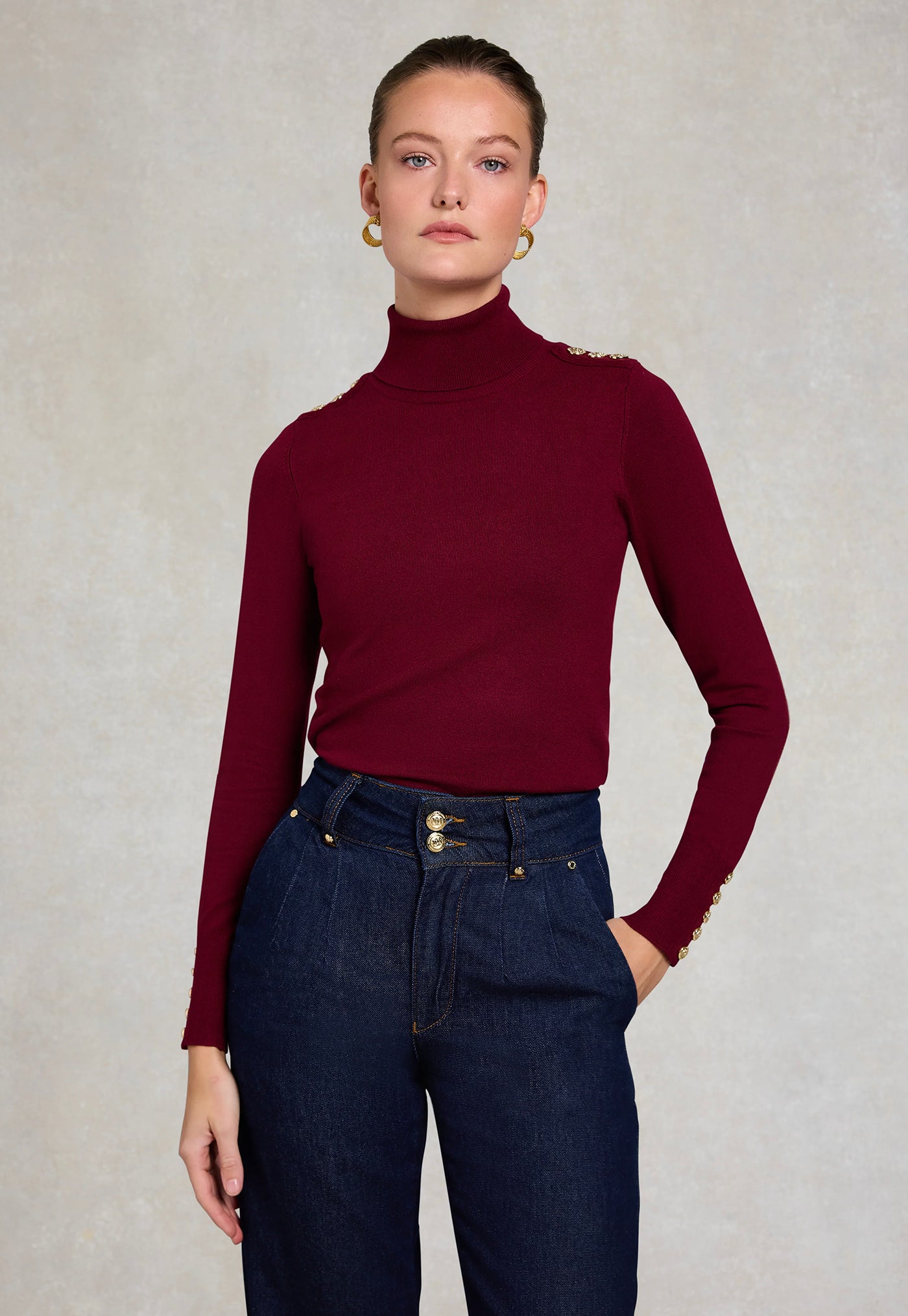 Buttoned Knit Roll Neck - Wine