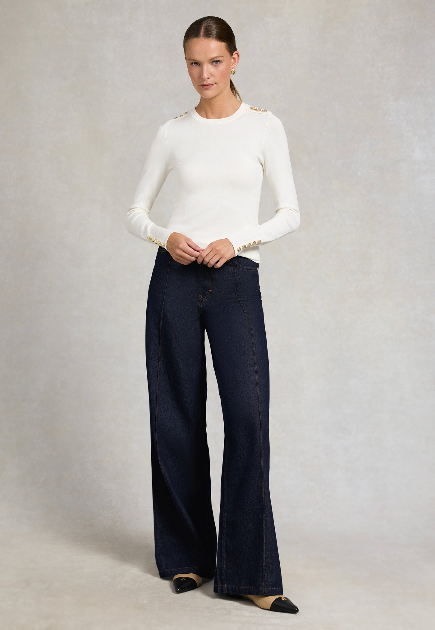 Buttoned Knit Crew Neck - Cream