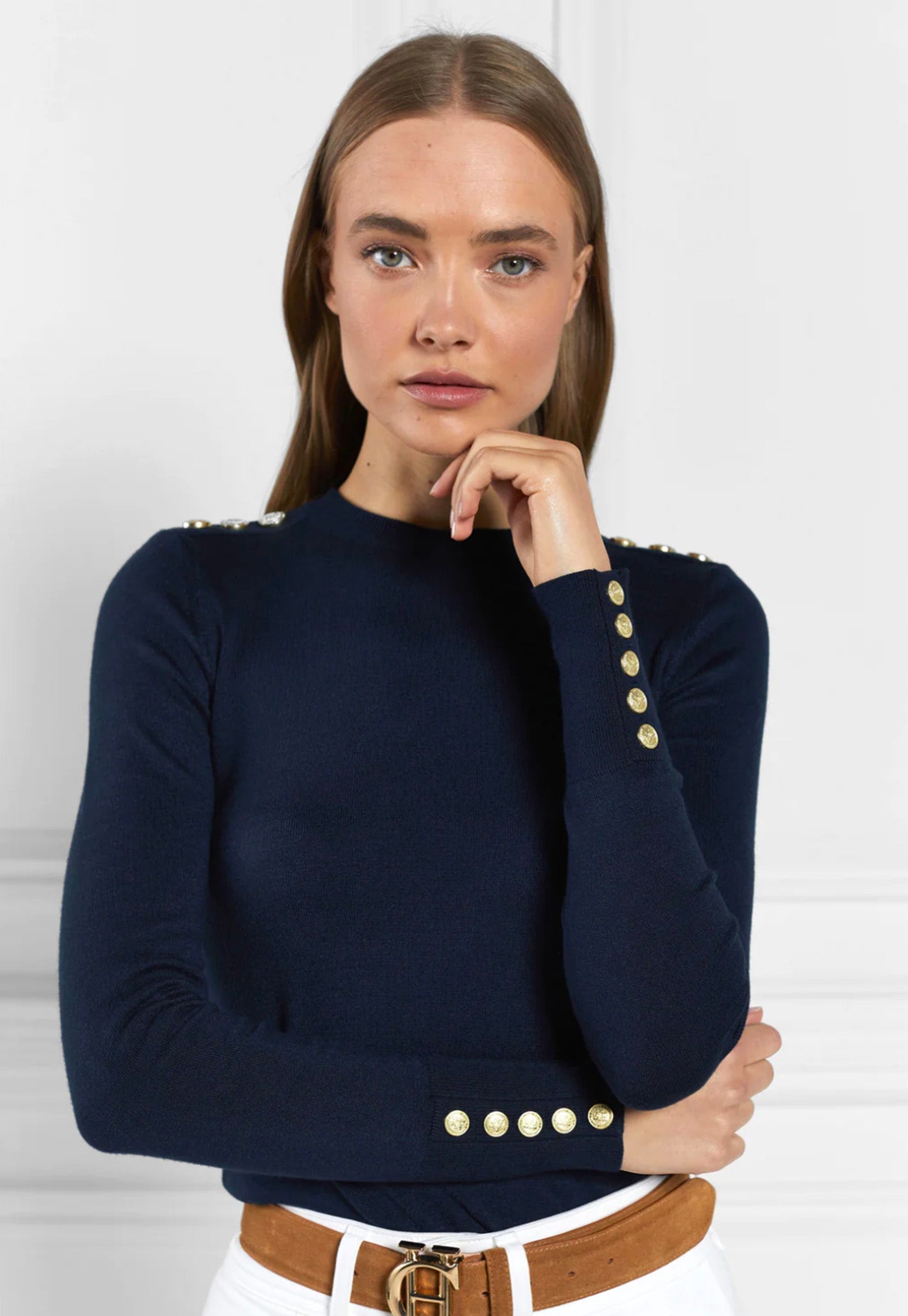 Buttoned Knit Crew Neck - Ink Navy sold by Angel Divine