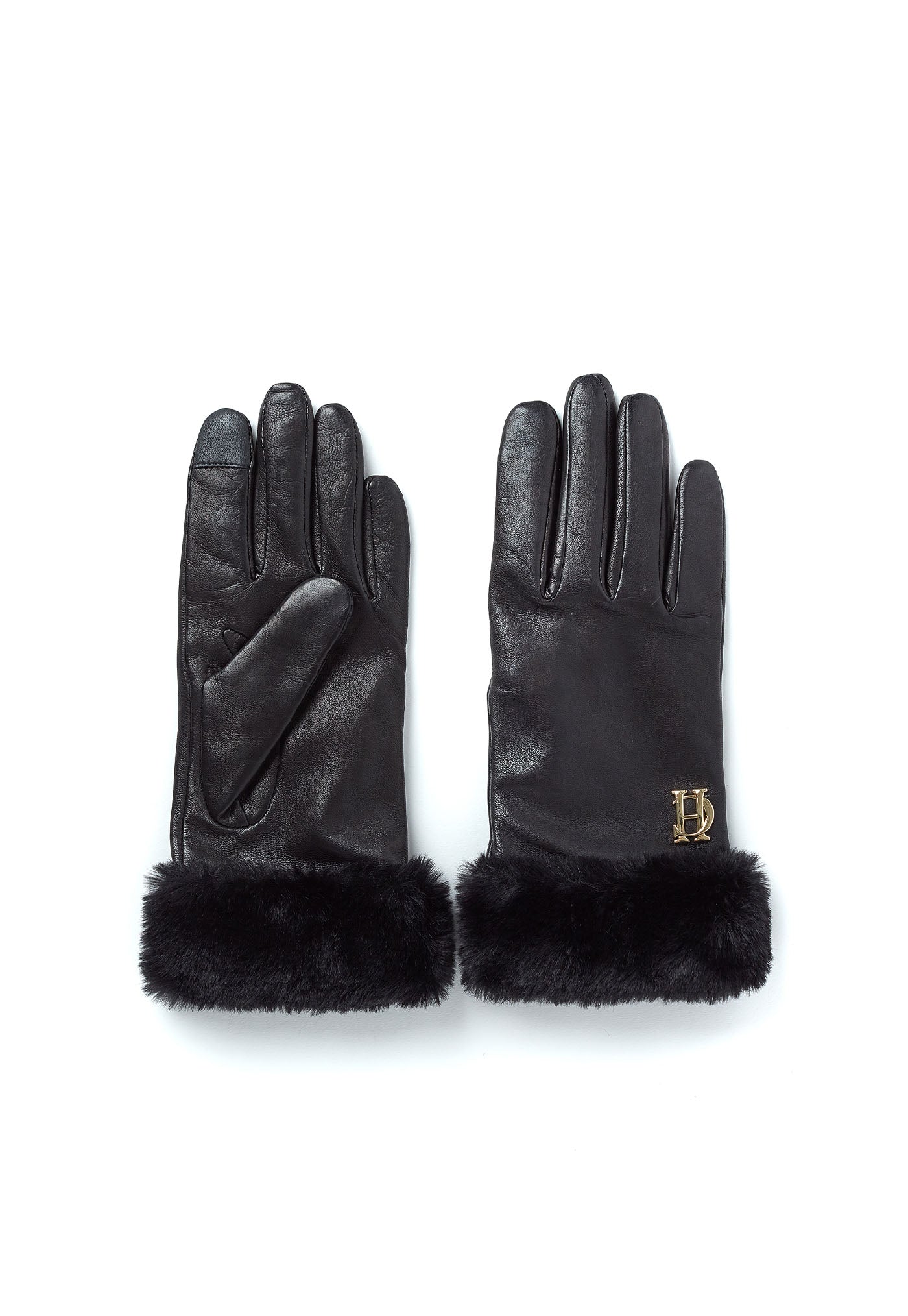Cashmere Lined Faux Trim Leather Gloves - Black