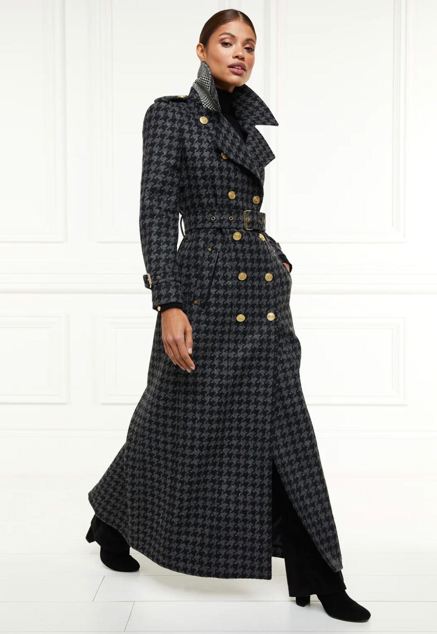 Chelsea Trench Coat Full Length - Charcoal Houndstooth sold by Angel Divine