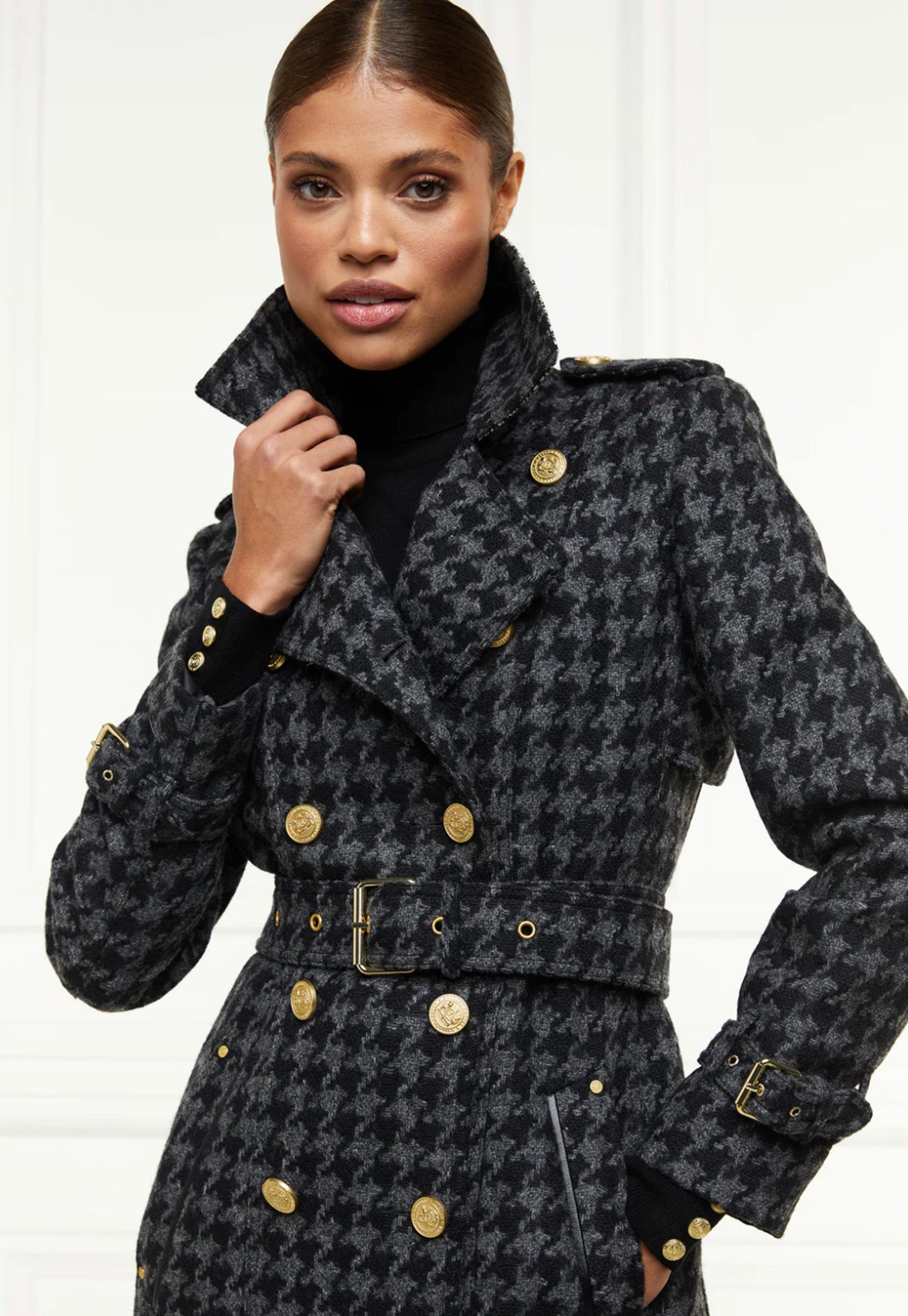 Chelsea Trench Coat Full Length - Charcoal Houndstooth sold by Angel Divine