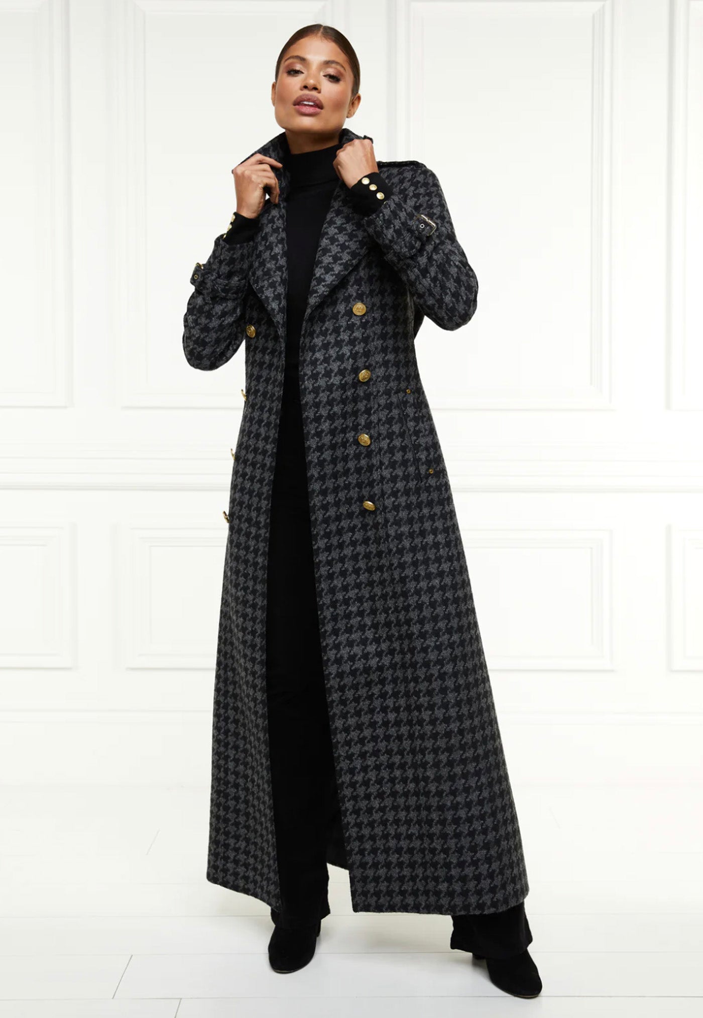 Holland Cooper Chelsea Trench Coat Full Length Charcoal Houndstooth