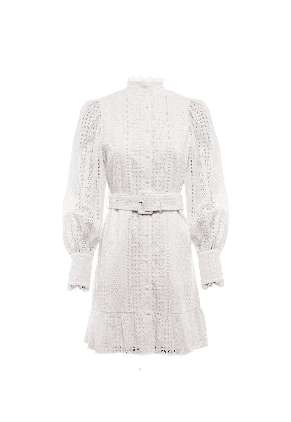 Collarless Broderie Mini Dress - White