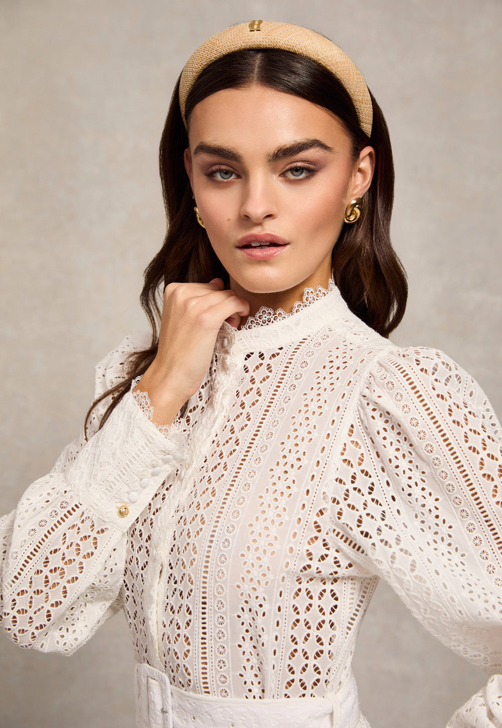 Collarless Broderie Mini Dress - White
