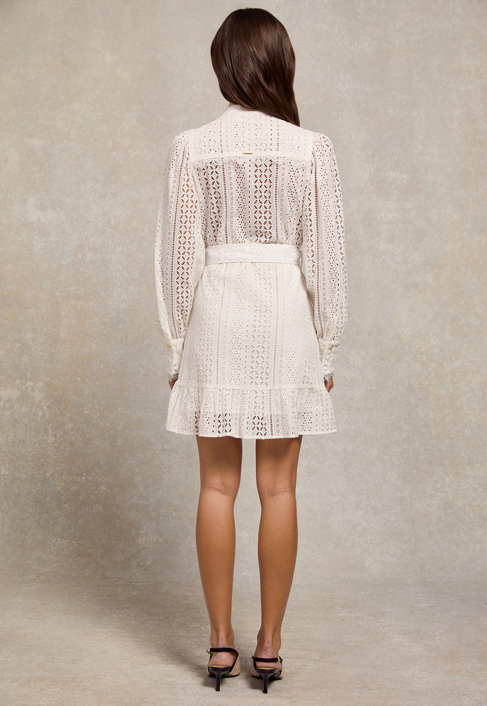 Collarless Broderie Mini Dress - White