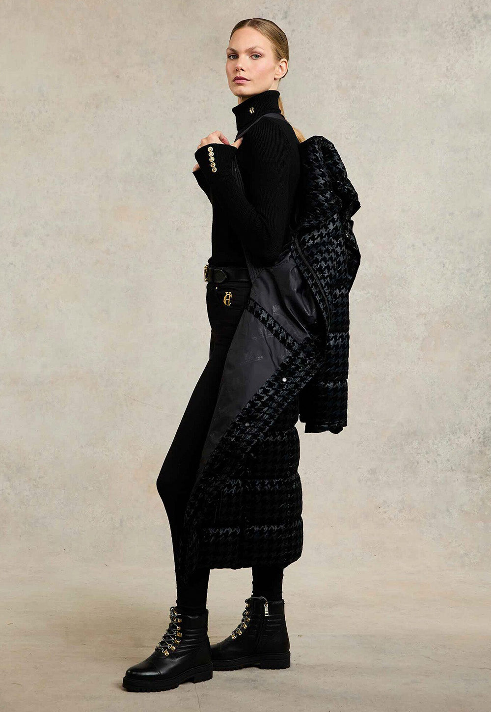 Crawford Longline Coat - Mono Houndstooth