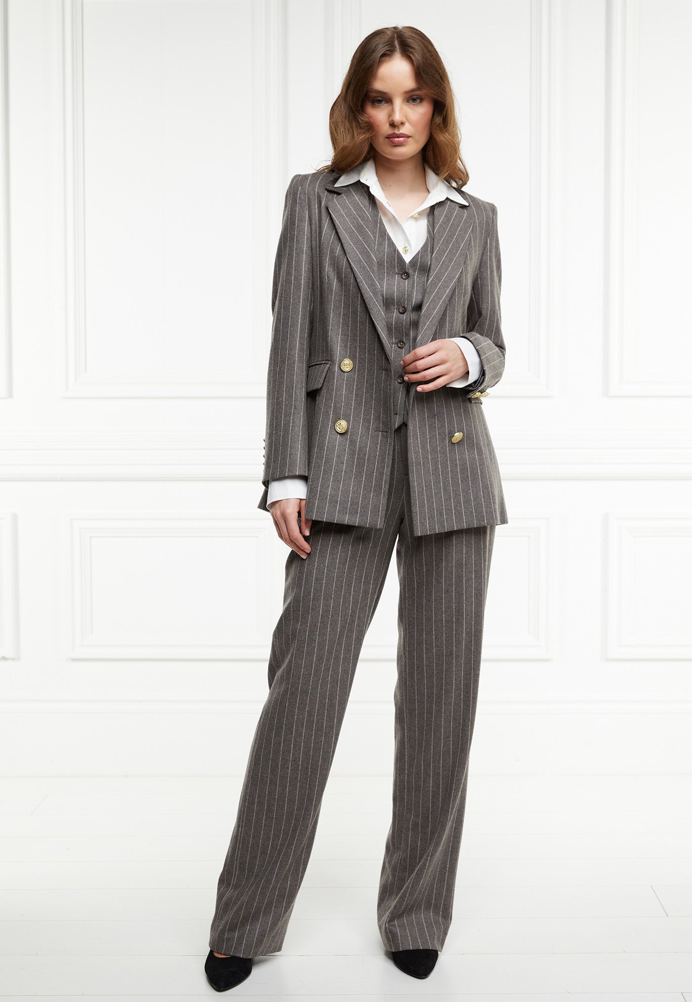 Double Breasted Blazer - Soft Grey Pinstripe
