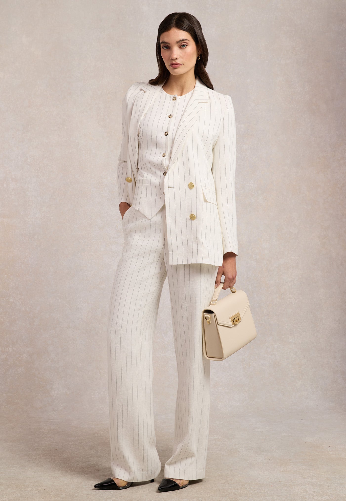 Double Breasted Blazer - Oyster Linen Pinstripe