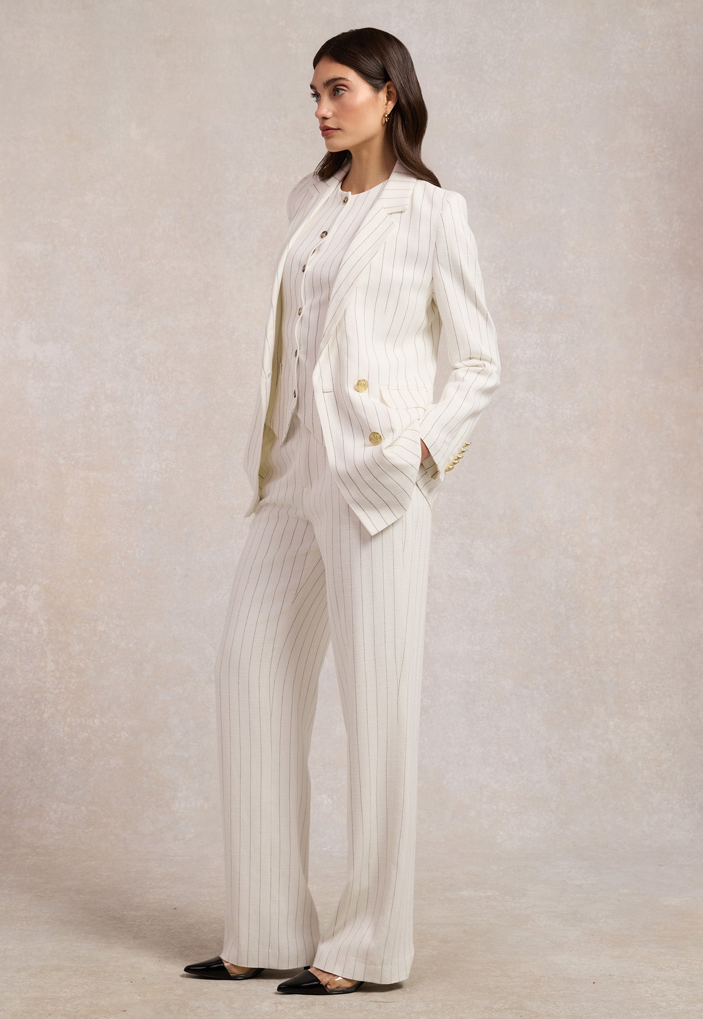 Double Breasted Blazer - Oyster Linen Pinstripe