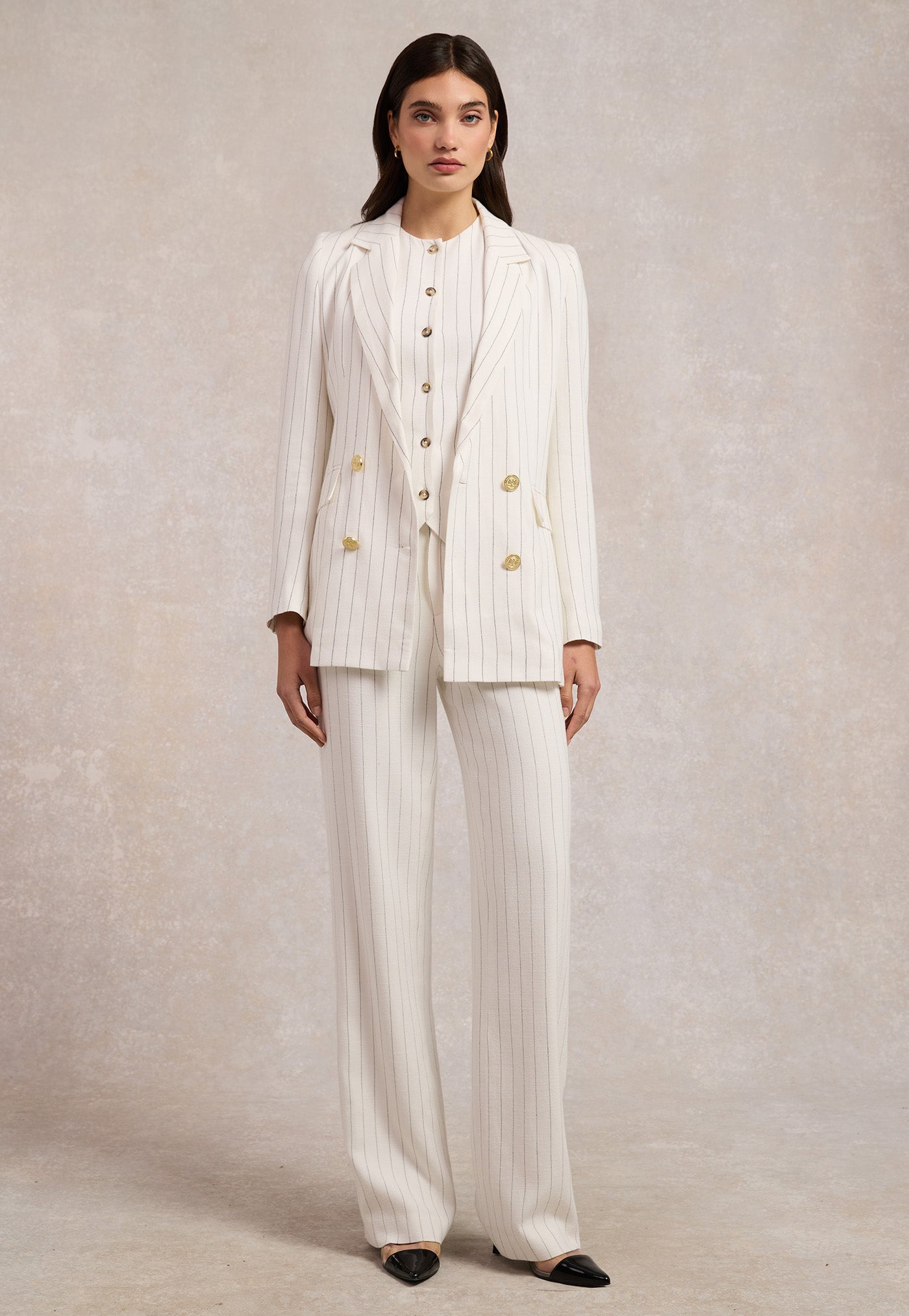 Double Breasted Blazer - Oyster Linen Pinstripe