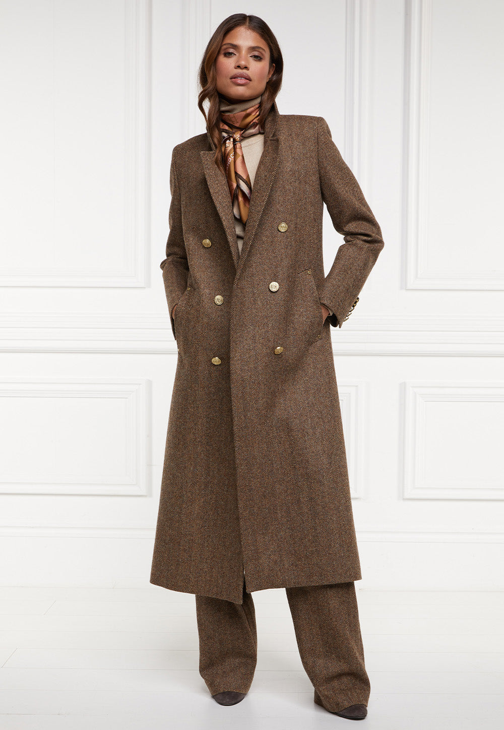 Double Breasted Coat - Large Scale Brown Herringbone