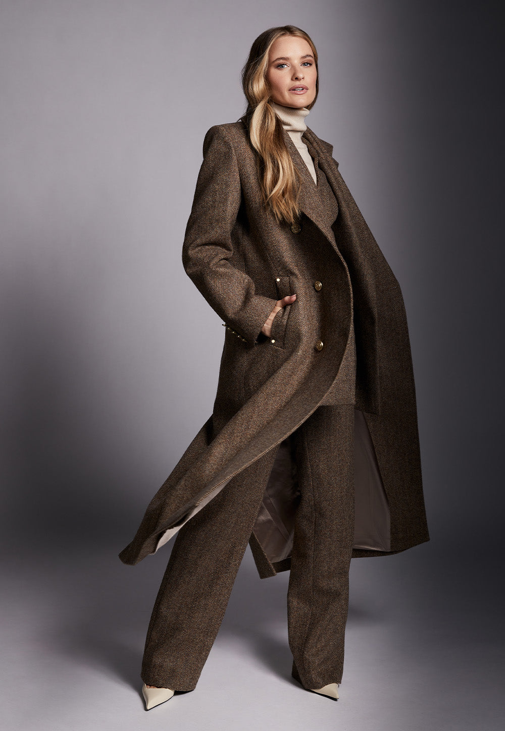 Double Breasted Coat - Large Scale Brown Herringbone