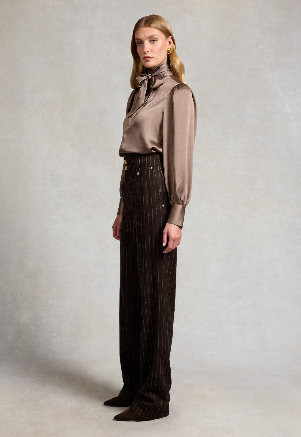 High Waisted Wide Leg Trouser - Chocolate Pinstripe