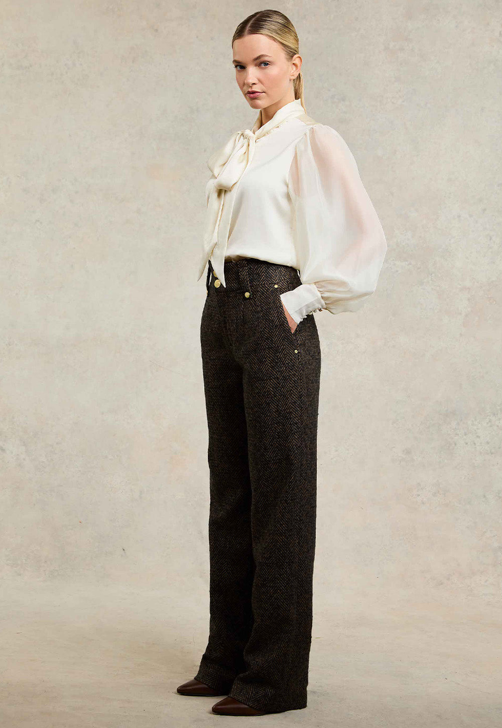 High Waisted Straight Trouser - Walnut Herringbone