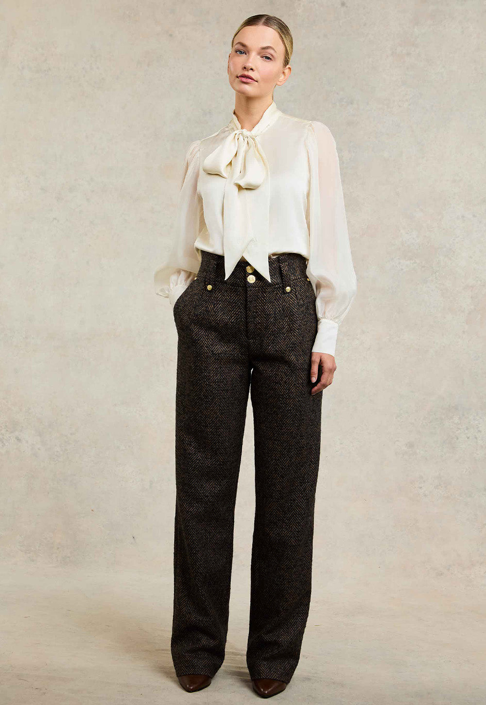 High Waisted Straight Trouser - Walnut Herringbone