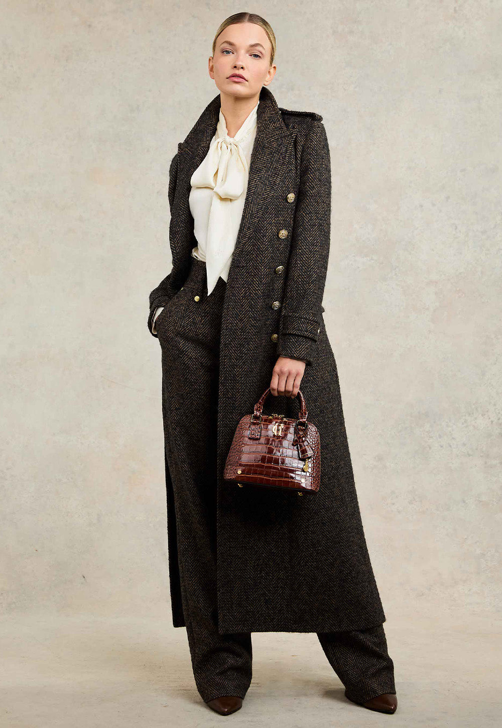 High Waisted Straight Trouser - Walnut Herringbone