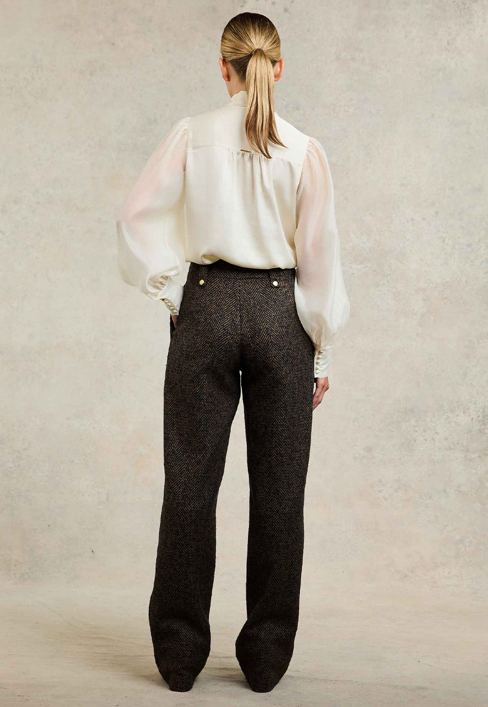 High Waisted Straight Trouser - Walnut Herringbone