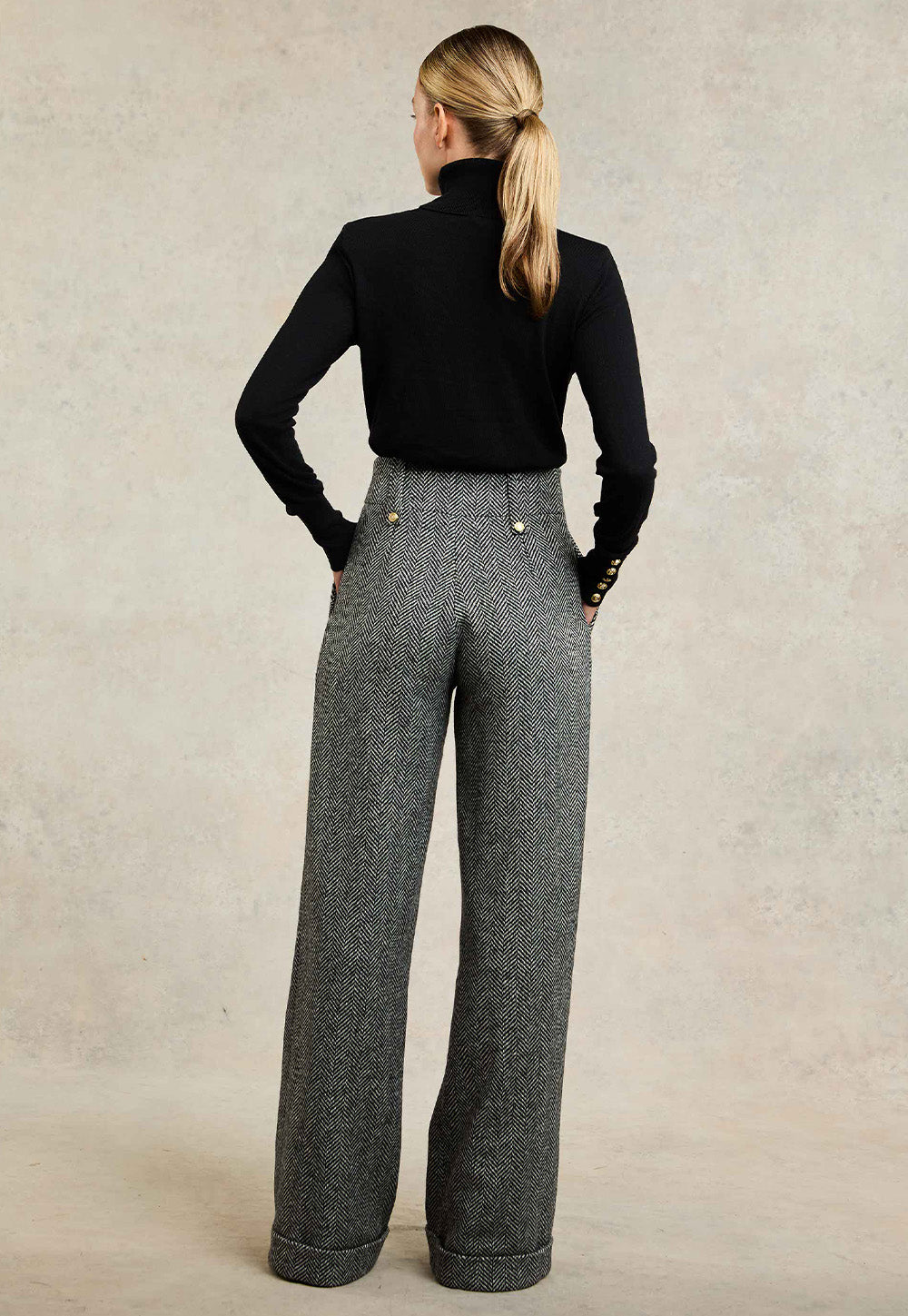 High Waisted Wide Leg Trouser - Wide Tooth Black Herringbone